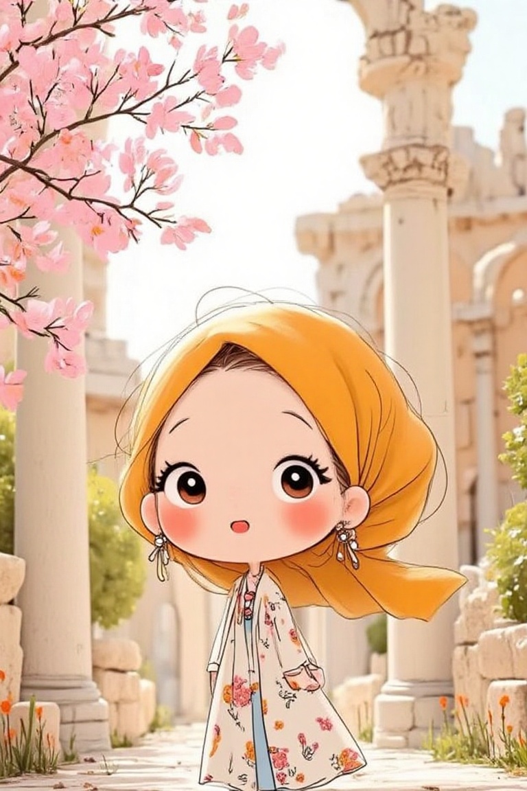 Imagine a delightful chibi girl in a sunny ochre hijab and a flowing bohemian-style dress,  amidst a bokeh-filled scene of...