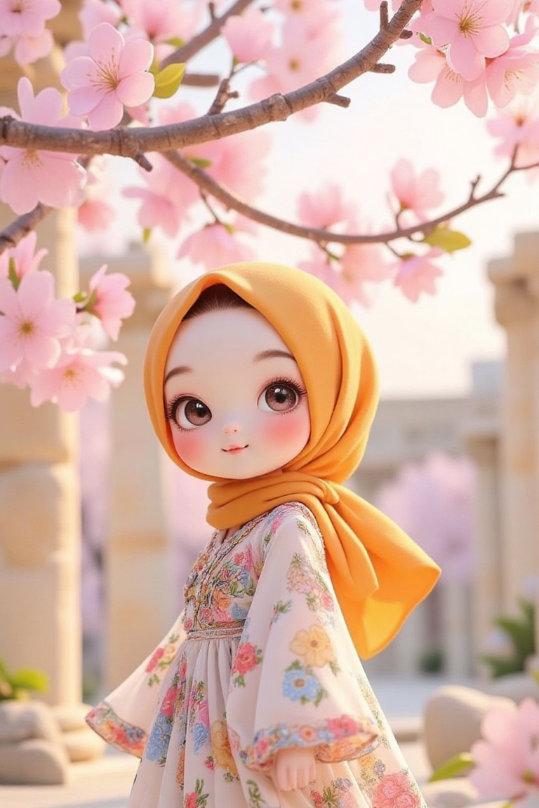 Imagine a delightful chibi girl in a sunny ochre hijab and a flowing bohemian-style dress,  amidst a bokeh-filled scene of...