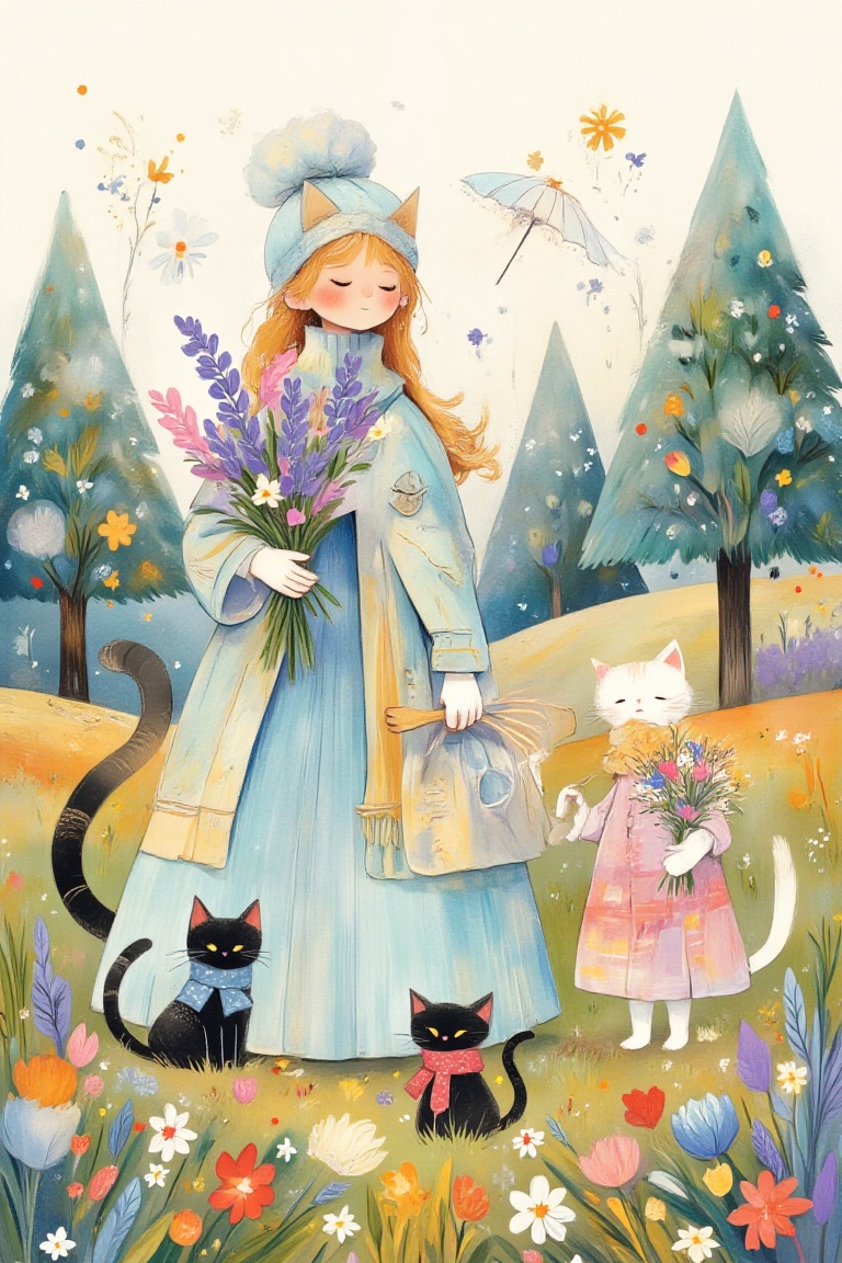fairy-tale atmosphere,  soft pastel watercolor style,  anthropomorphic cat family on Tensor.Art