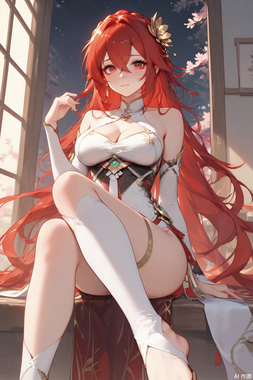 score_9,score_8_up,score_7_up,1girl,solo,long hair,breasts,bangs,large breasts,hair ornament,red hair,red eyes,dress,cleavage,hair between eyes,bare shoulders,jewelry,very long hair,closed mouth,looking at viewer,indoors,sitting,legs,stirrup legwear,pelvic curtain,hand up,toeless legwear,no shoes,barefoot,Slender legs,crossed legs,starry sky,Cherry Blossoms