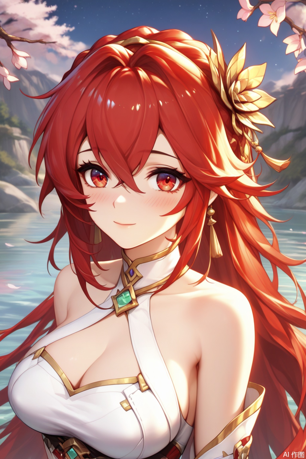 score_9,score_8_up,score_7_up,outdoors,lake,(in the water:1.2),masterpiece,best quality,official art,extremely detailed CG unity 8k wallpaper,realistic,photorealistic,8k,ultra-detailed,light blush:1.2,cowboy shot,
,1girl,solo,long hair,bangs,large breasts,hair ornament,red hair,red eyes,cleavage,hair between eyes,bare shoulders,jewelry,closed mouth,looking at viewer,starry sky,Cherry Blossoms,upper body,smile