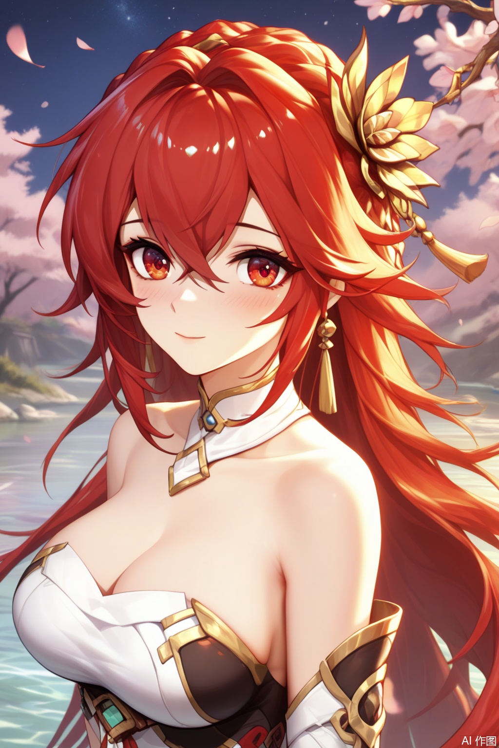 score_9,score_8_up,score_7_up,outdoors,lake,(in the water:1.2),masterpiece,best quality,official art,extremely detailed CG unity 8k wallpaper,realistic,photorealistic,8k,ultra-detailed,light blush:1.2,cowboy shot,
,1girl,solo,long hair,bangs,large breasts,hair ornament,red hair,red eyes,cleavage,hair between eyes,bare shoulders,jewelry,closed mouth,looking at viewer,starry sky,Cherry Blossoms,upper body,smile