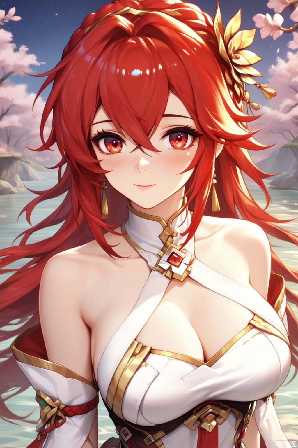 score_9,score_8_up,score_7_up,outdoors,lake,(in the water:1.2),masterpiece,best quality,official art,extremely detailed CG unity 8k wallpaper,realistic,photorealistic,8k,ultra-detailed,light blush:1.2,cowboy shot,
,1girl,solo,long hair,bangs,large breasts,hair ornament,red hair,red eyes,cleavage,hair between eyes,bare shoulders,jewelry,closed mouth,looking at viewer,starry sky,Cherry Blossoms,upper body,smile