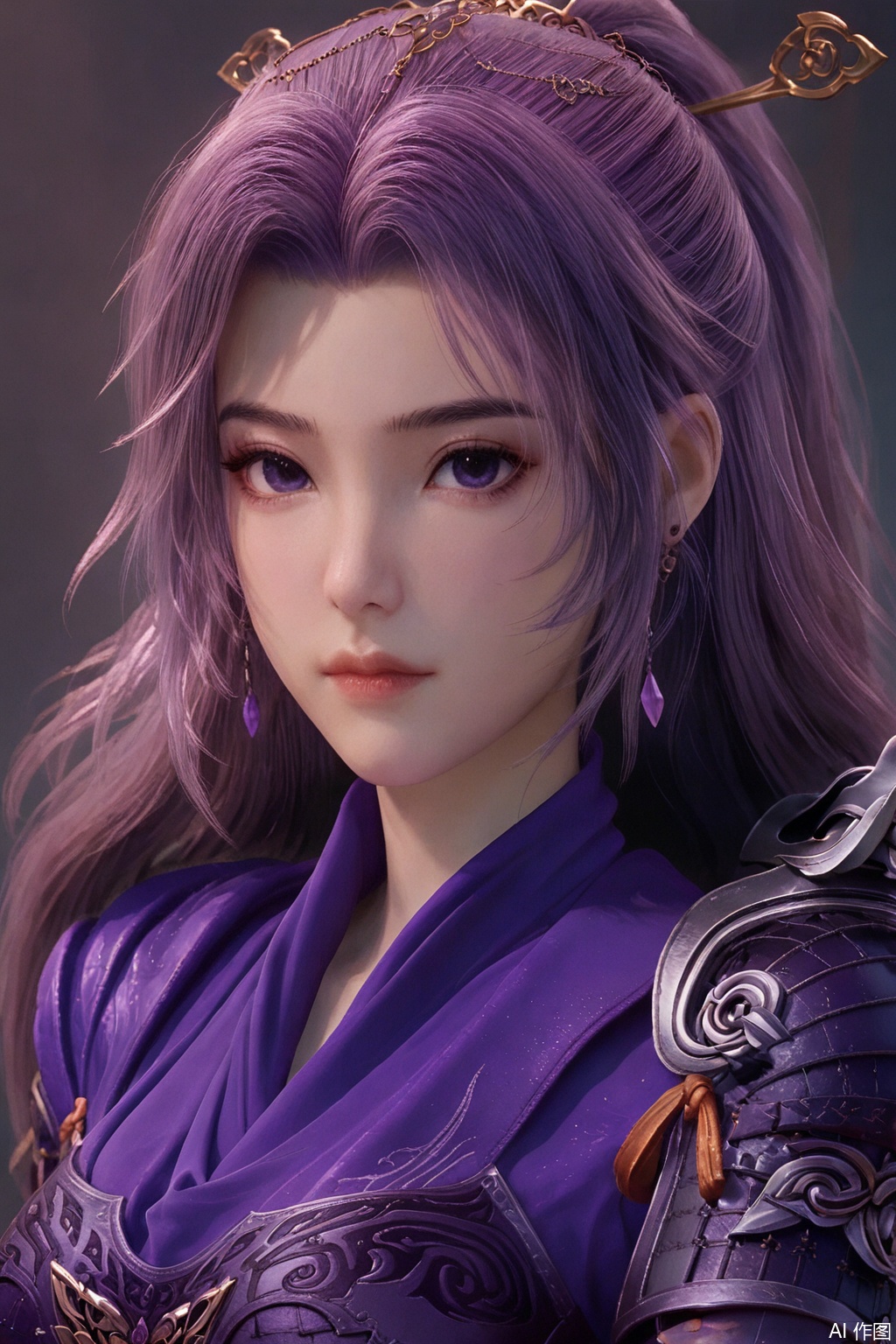 score_9_up,score_8_up,1girl, solo, long hair, looking at viewer, hair ornament, jewelry, closed mouth, purple eyes, upper body, purple hair, earrings, armor, shoulder armor, purple dress,YunXiao