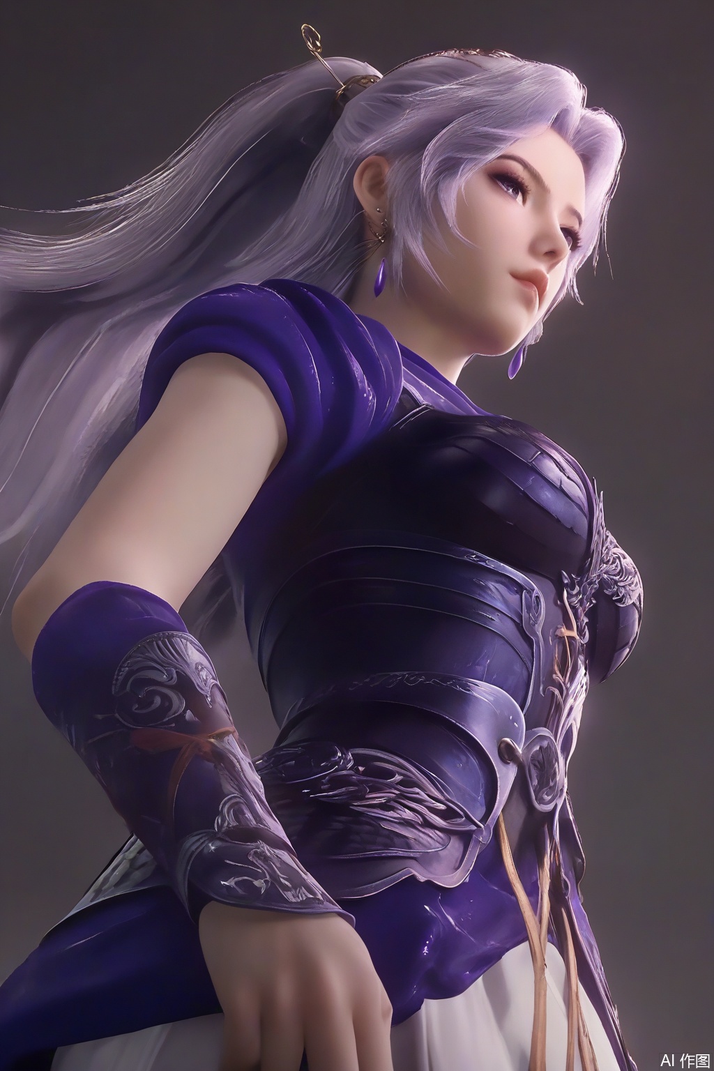 score_9_up,score_8_up,1girl, solo, long hair, dress, jewelry, ponytail, purple hair, earrings, armor, lips, from below,YunXiao