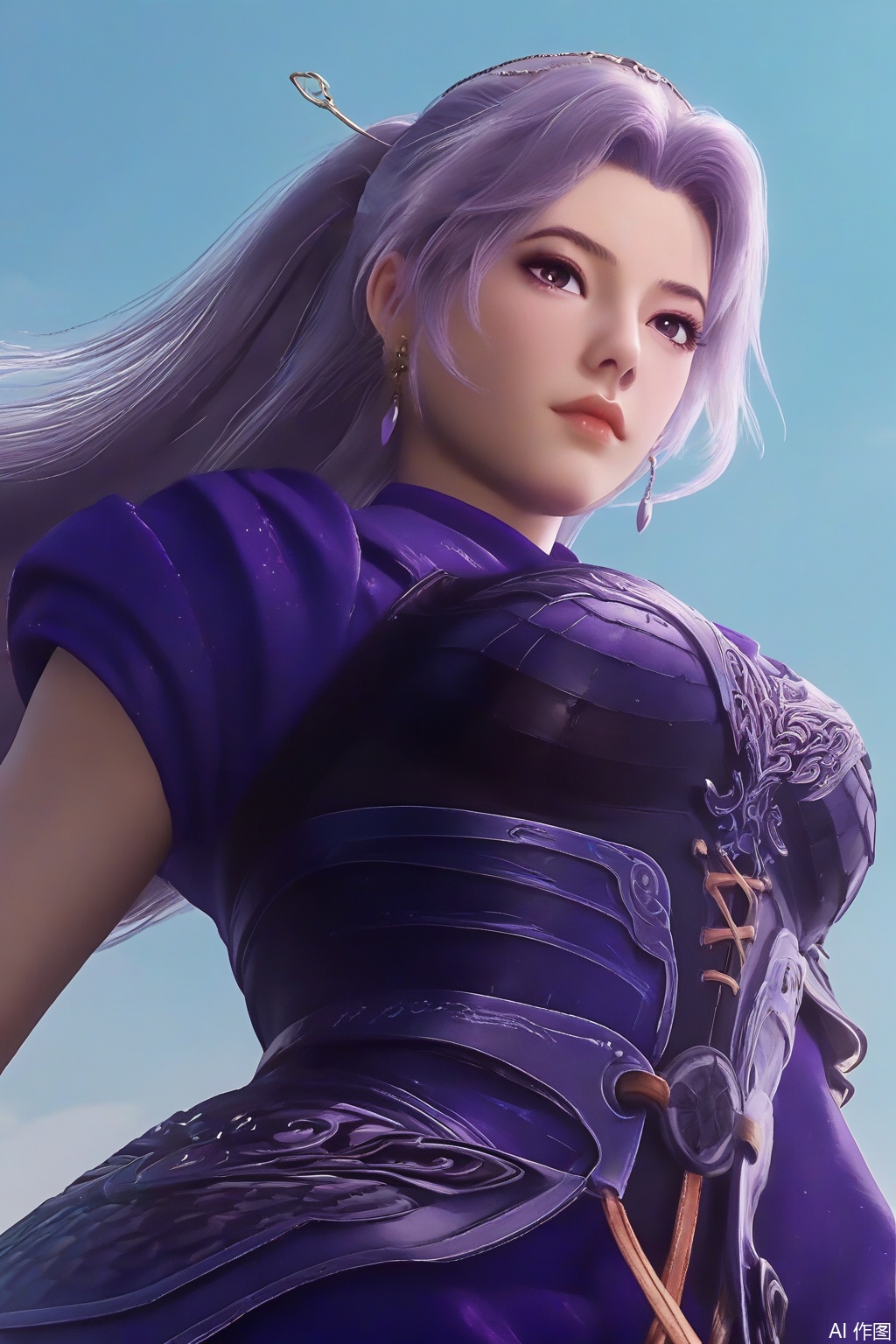 score_9_up,score_8_up,1girl, solo, long hair, dress, jewelry, ponytail, purple hair, earrings, armor, lips, from below,YunXiao