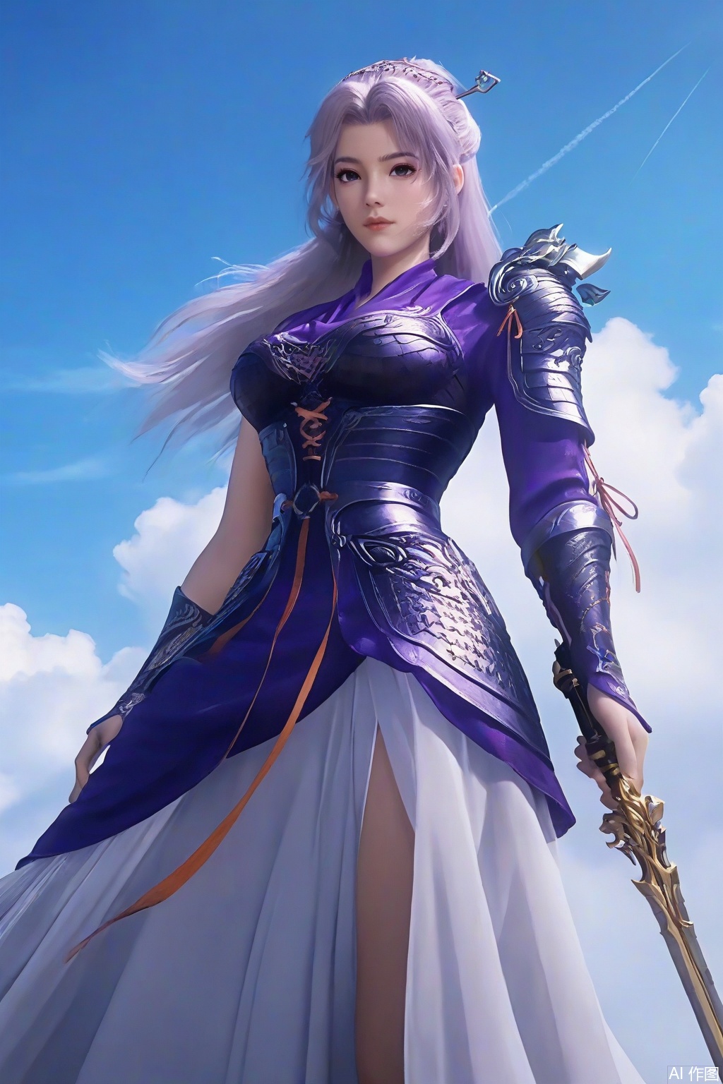 score_9_up,score_8_up,1girl, solo, long hair, looking at viewer, skirt, hair ornament, dress, purple hair,grey hair, sky, cloud,  armor, blue sky, holding sword, armored dress,YunXiao,asymmetrical sleeves