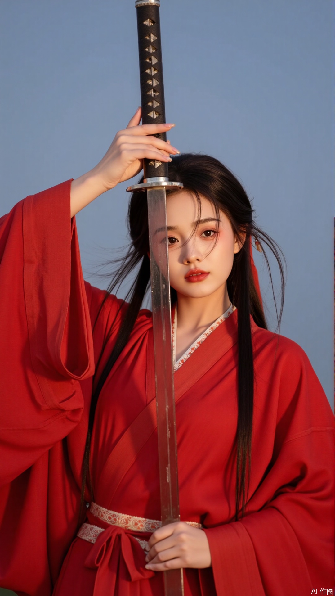 The image is a portrait of a young woman holding a sword in her right hand. She is wearing a red traditional Japanese kimono with a red cape draped over her left shoulder. The woman has long dark hair and is looking directly at the camera with a serious expression on her face. The sword has a silver hilt and a black handle. The background is blurred, but it appears to be an outdoor setting with a clear blue sky. The overall mood of the image is dramatic and powerful.