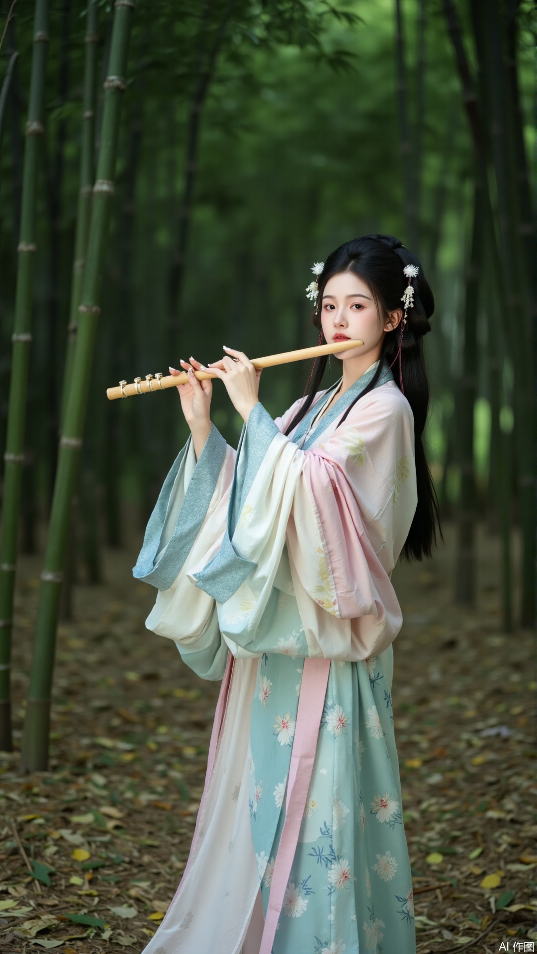 The image shows a young woman playing a flute in a forest. She is wearing a traditional Chinese dress with a blue and white color scheme and a pink shawl draped over her shoulders. The dress has a floral pattern and the woman has long dark hair styled in a bun with flowers in her hair. The background is filled with tall bamboo trees and the ground is covered in fallen leaves. The overall mood of the image is peaceful and serene.