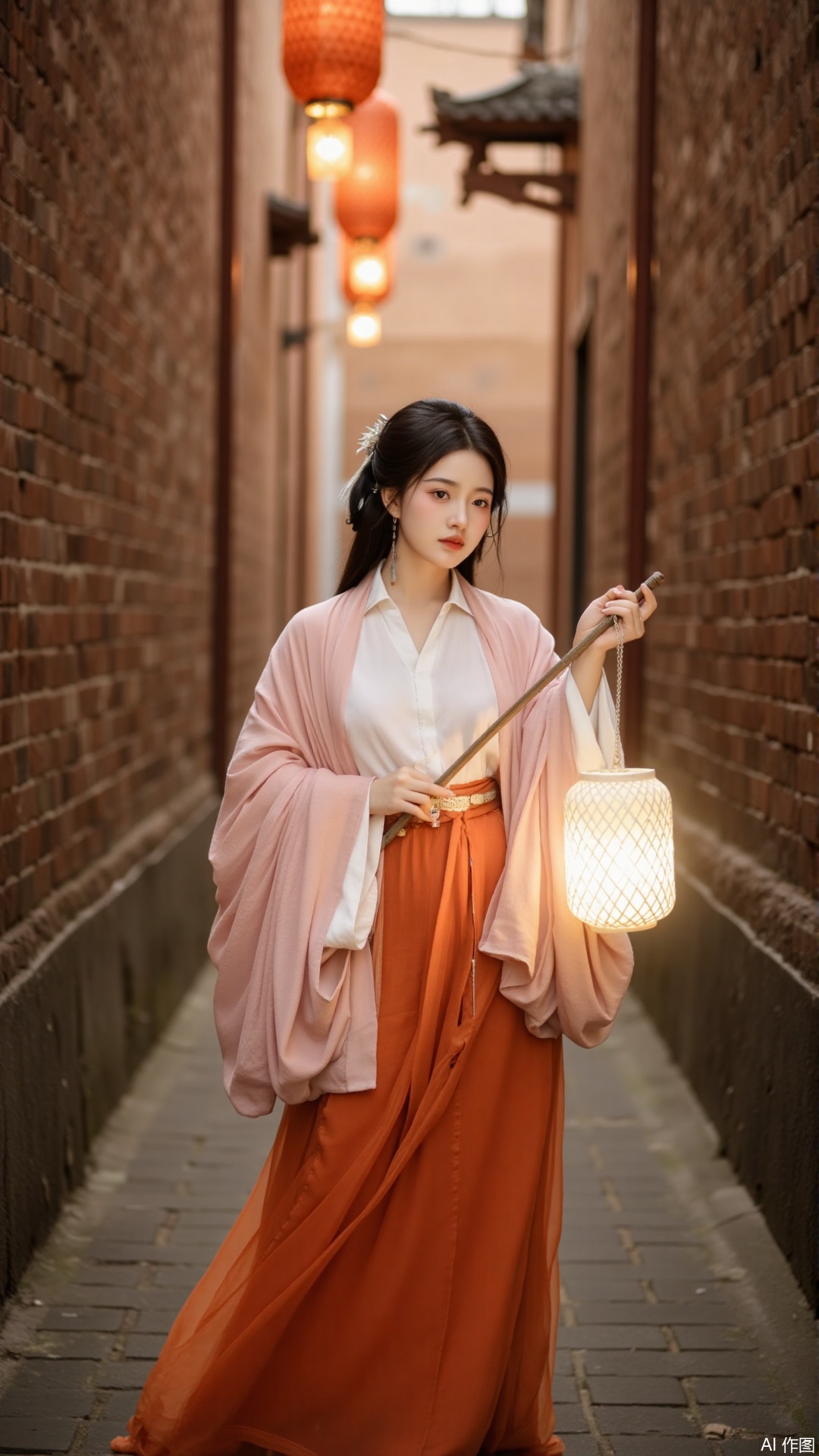 The image shows a young woman standing in a narrow alleyway with brick walls on either side. She is wearing a long, flowing orange skirt and a white blouse with a pink shawl draped over her shoulders. The woman is holding a white lantern in her hand and is looking off into the distance with a serious expression on her face. The alleyway is lit up with orange lanterns hanging from the ceiling, creating a warm glow. The overall mood of the image is peaceful and serene.