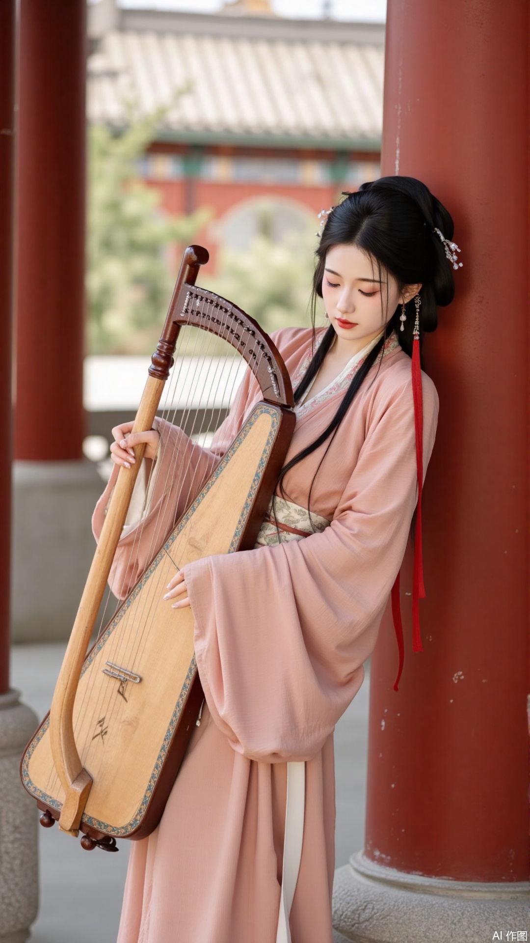 The image shows a young woman wearing a traditional Chinese Hanfu dress. She is standing in front of a red pillar and appears to be playing a stringed instrument. The woman has long dark hair tied up in a bun with a red flower in her hair. She has a serious expression on her face and is looking down at the instrument with her eyes closed. The instrument she is playing is a long stringed harp with a wooden body and strings. The background is blurred, but it seems to be an outdoor setting with trees and buildings visible.