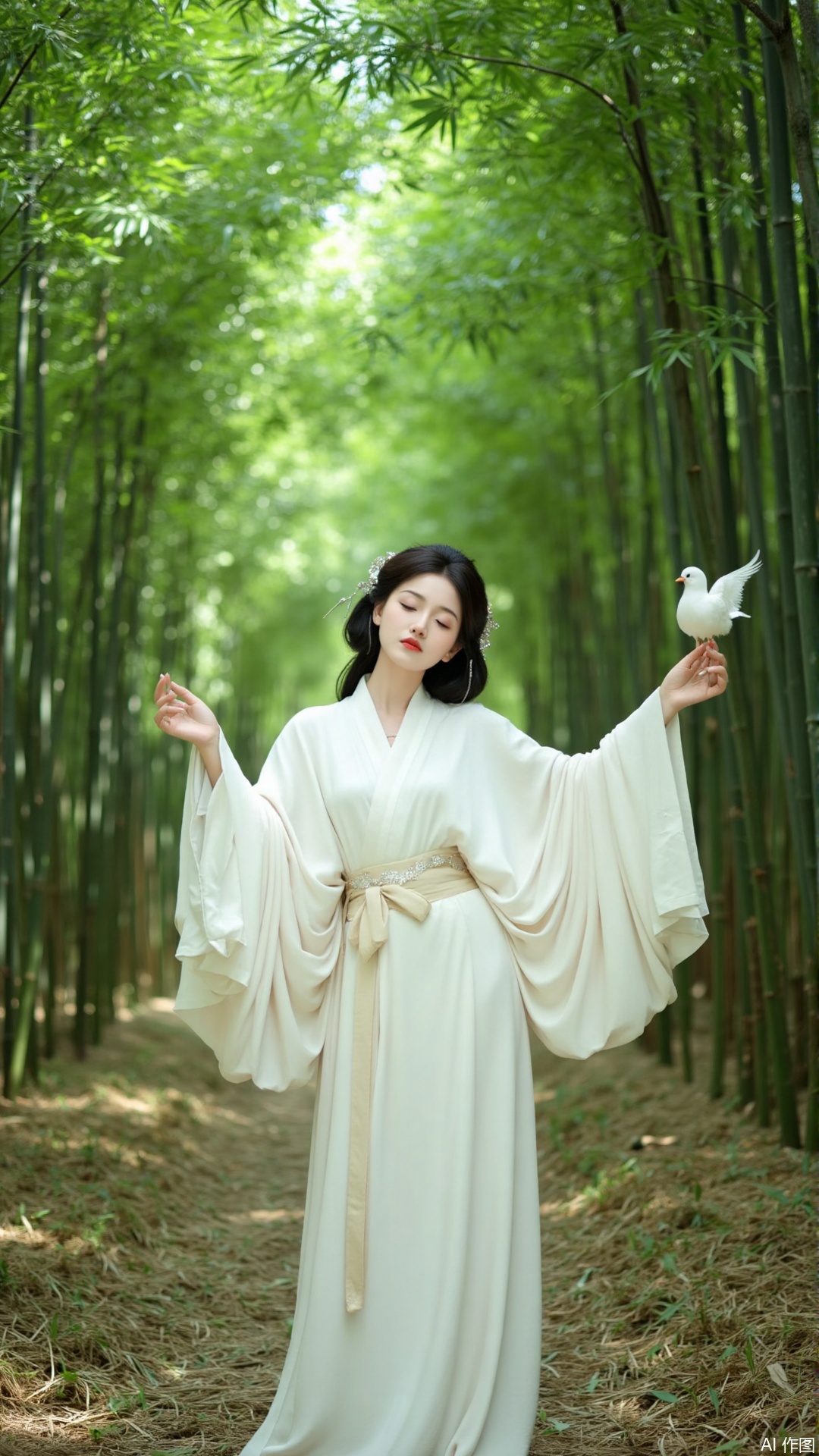 The image shows a woman standing in a bamboo forest. She is wearing a long, flowing white dress with a high neckline and long sleeves. Her hair is styled in loose waves and she is holding a small white bird in her right hand. The woman appears to be in a meditative pose, with her eyes closed and her arms stretched out to the sides. The bamboo trees in the background are tall and slender, creating a canopy of green foliage. The ground is covered in fallen leaves and twigs, and the overall mood of the image is peaceful and serene.