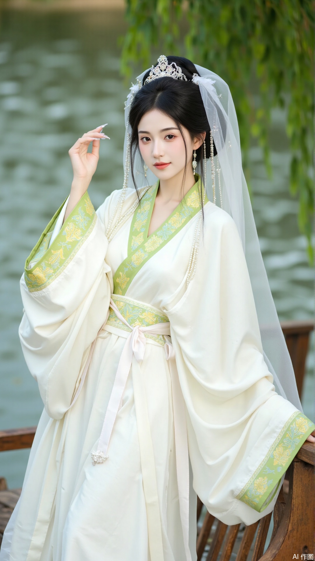 The image is a portrait of a young woman wearing a traditional Chinese dress. She is standing in front of a body of water, with trees and foliage visible in the background. The woman is wearing a long, flowing white dress with intricate green and gold embroidery on the bodice and skirt. She has a large, ornate headpiece with a white veil covering her head. Her hair is styled in an updo with a few strands of hair framing her face. She appears to be posing with one hand on her hip and the other resting on a wooden bench. The overall mood of the image is elegant and regal.