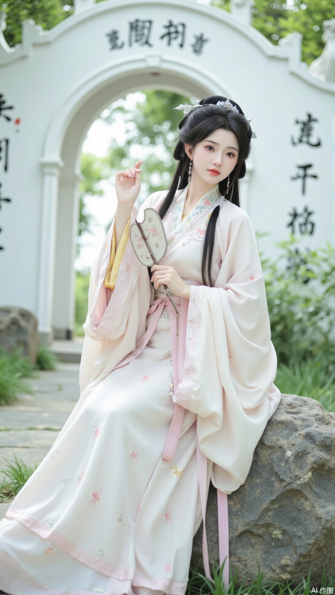 The image shows a young woman dressed in traditional Chinese clothing, sitting on a rock in front of a white archway with Chinese characters written on it. She is wearing a long, flowing white dress with a pink and yellow floral pattern and has long black hair styled in a traditional updo. The woman is holding a small fan in her hand and is looking off to the side with a serious expression on her face. The archway is surrounded by trees and greenery, and there is a stone pathway leading up to it. The overall mood of the image is peaceful and serene.