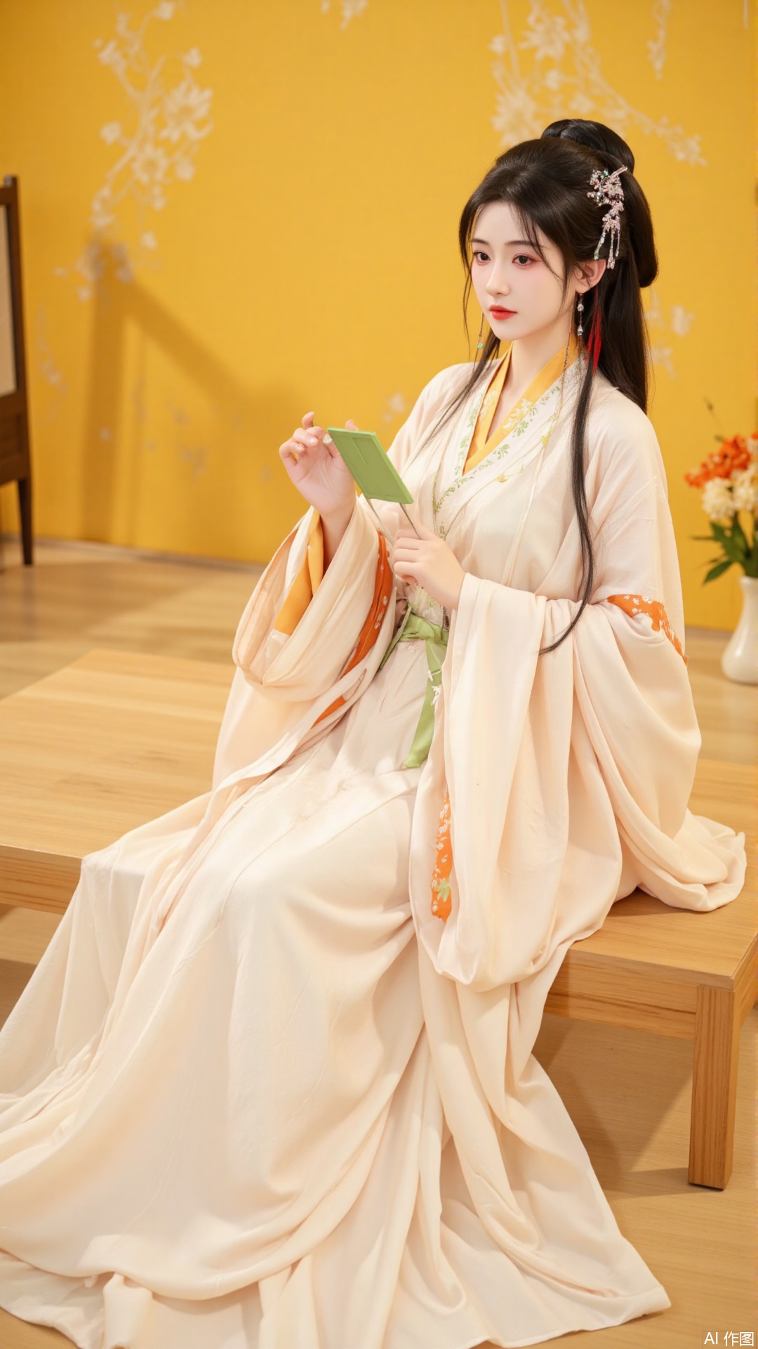 The image shows a young woman sitting on a wooden floor in front of a yellow wall with a floral design. She is wearing a long, flowing white dress with orange and green accents. The dress has a high neckline and long sleeves. She has long dark hair styled in loose waves and is holding a small green object in her hand. The woman is looking off to the side with a serious expression on her face. The background is blurred, but it appears to be a room with a window and a vase of orange flowers. The overall mood of the image is elegant and romantic.
