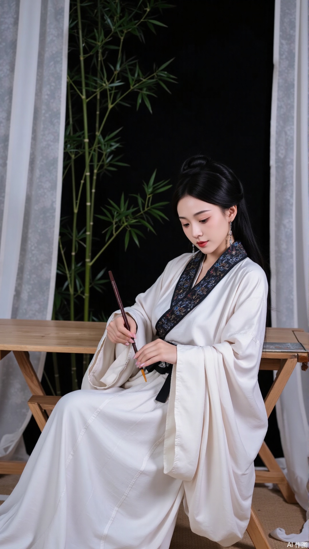 The image shows a young woman sitting on the floor in front of a wooden table with a bamboo plant in the background. She is wearing a traditional Chinese Hanfu outfit, which is a white robe with a black belt and a black headpiece. The woman is holding a brush in her right hand and appears to be writing or drawing on a piece of paper. The table is covered with a white tablecloth and there are two white curtains on either side of the table. The background is dark and the overall mood of the image is peaceful and serene.