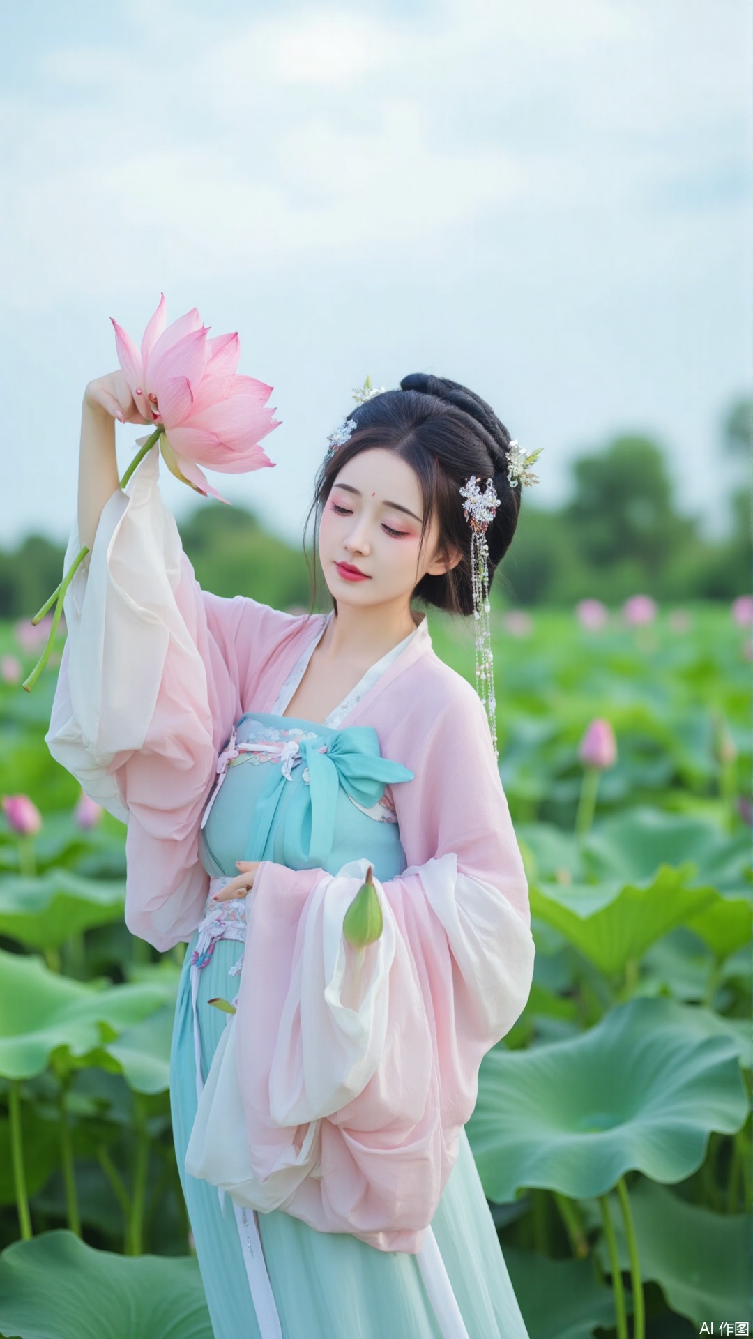 The image shows a young woman standing in a field of pink lotus flowers. She is wearing a traditional Chinese dress with a blue and pink color scheme. The dress has a high neckline and long sleeves, and the skirt is flowing in the wind. The woman is holding a large pink flower in her hand and is looking down at it with a peaceful expression on her face. She has dark hair styled in a bun with a flower crown on top. The background is filled with green leaves and trees, and there is a blue sky with white clouds. The overall mood of the image is serene and peaceful.