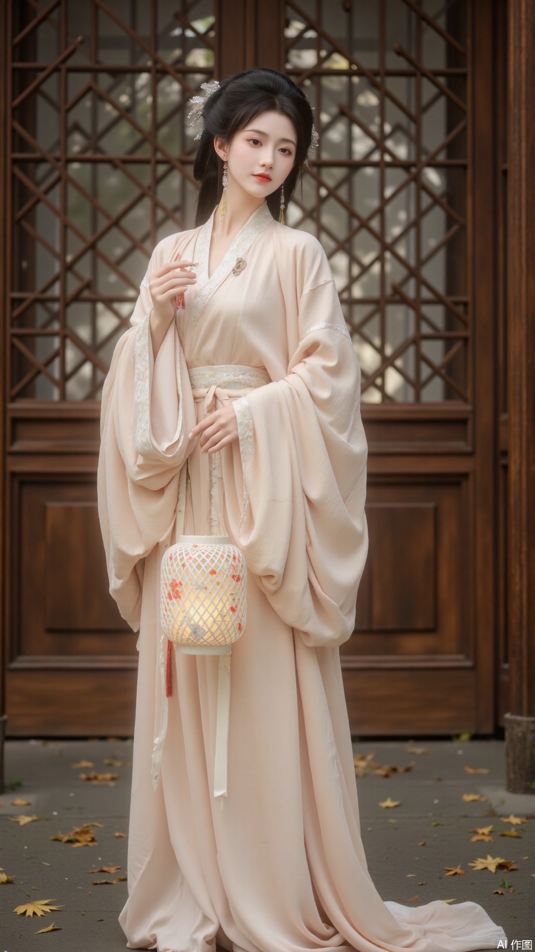 The image shows a young woman standing in front of a wooden door with a lattice pattern. She is wearing a long, flowing beige robe with a high neckline and long sleeves. The robe is draped over her shoulders and she is holding a small white lantern with red flowers on it. The woman has her hair tied up in a bun and is looking off to the side with a serious expression on her face. The background is blurred, but it appears to be an outdoor setting with trees and fallen leaves on the ground. The overall mood of the image is peaceful and serene.