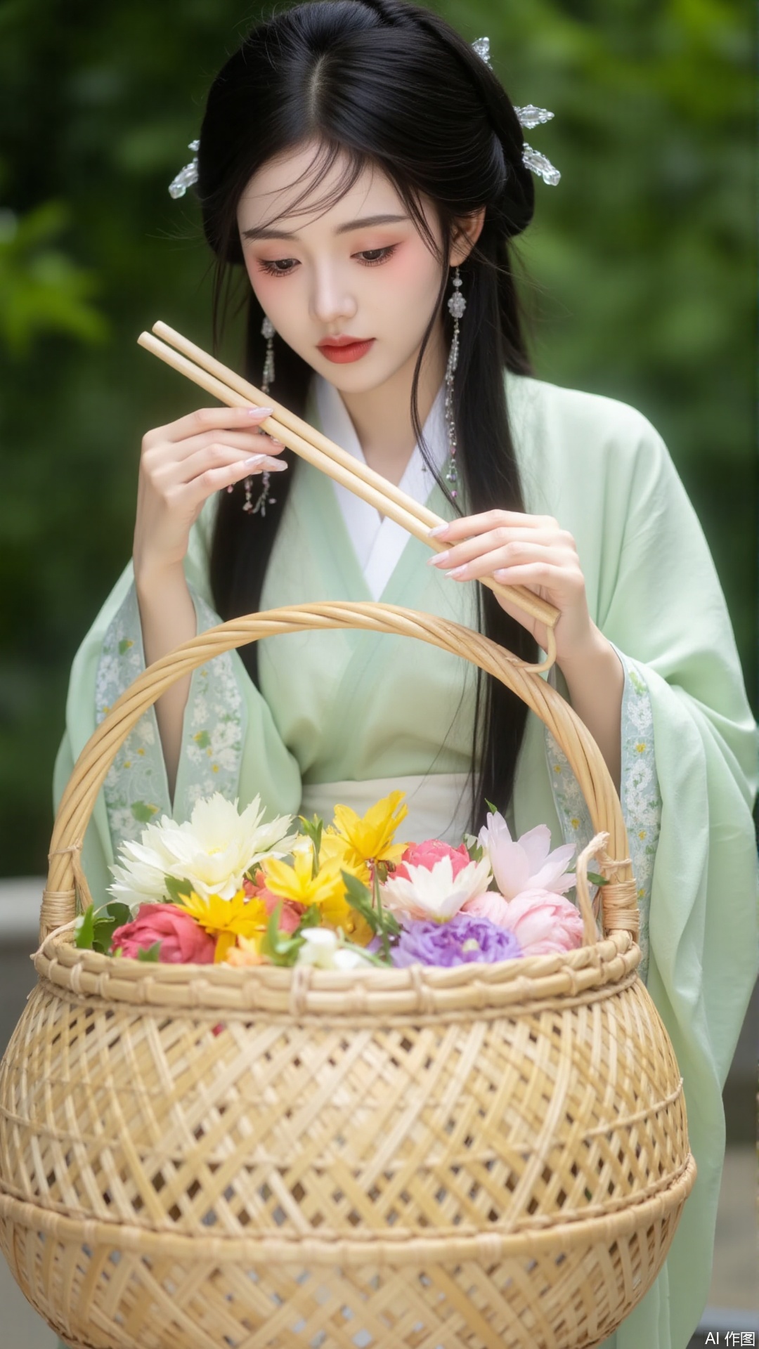 The image is a portrait of a young woman with long black hair, wearing a traditional Chinese dress. She is standing in front of a large basket filled with colorful flowers. The woman is holding a pair of chopsticks in her hands and appears to be deep in thought. The background is blurred, but it seems to be an outdoor setting with trees and greenery. The overall mood of the image is peaceful and serene.
