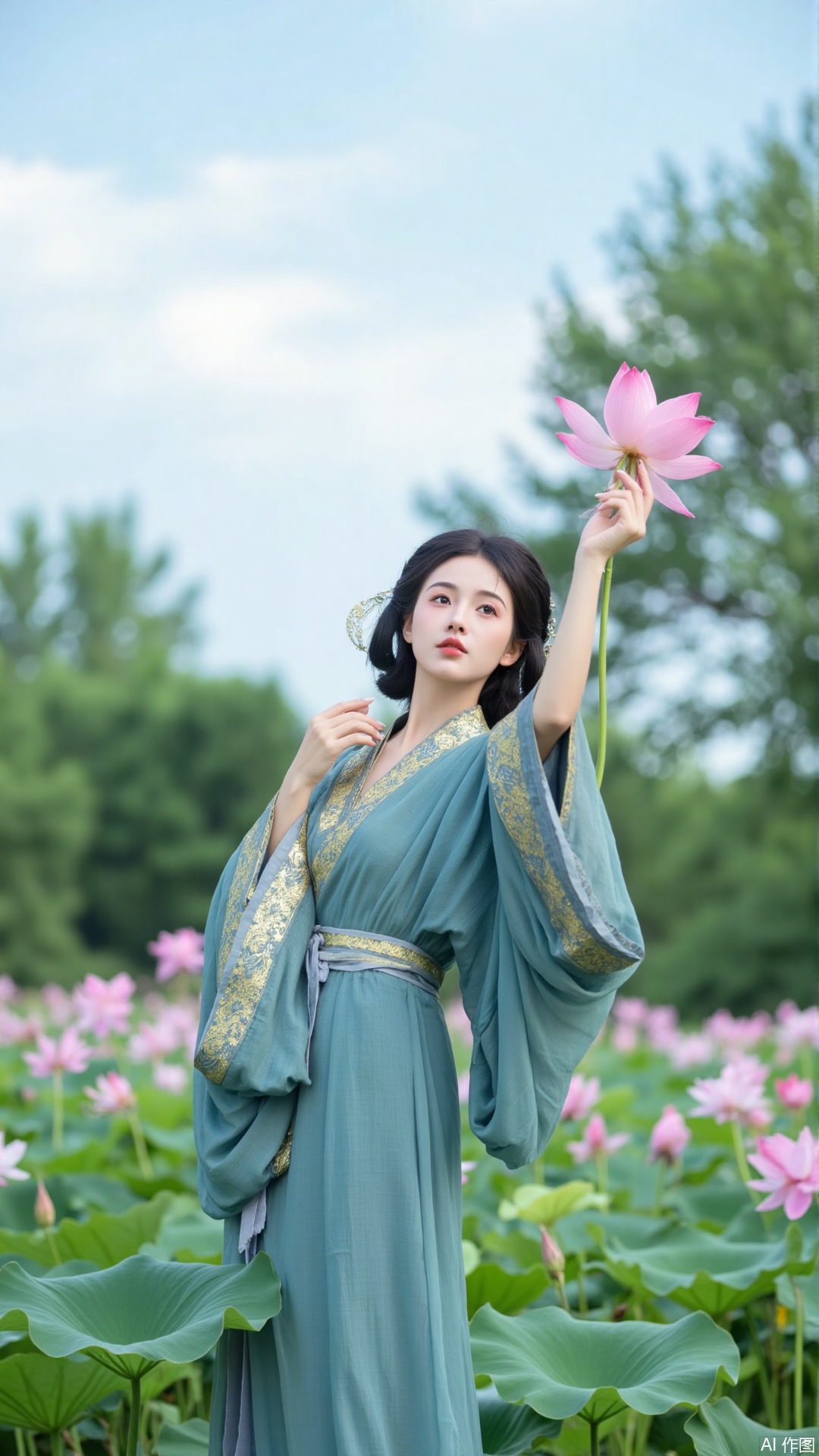 The image shows a young woman standing in a field of pink lotus flowers. She is wearing a long blue dress with gold embroidery and has her hair styled in an updo. The woman is holding a large pink flower in her right hand and is looking up at it with a peaceful expression on her face. The background is filled with lush green trees and a blue sky with white clouds. The overall mood of the image is serene and serene.