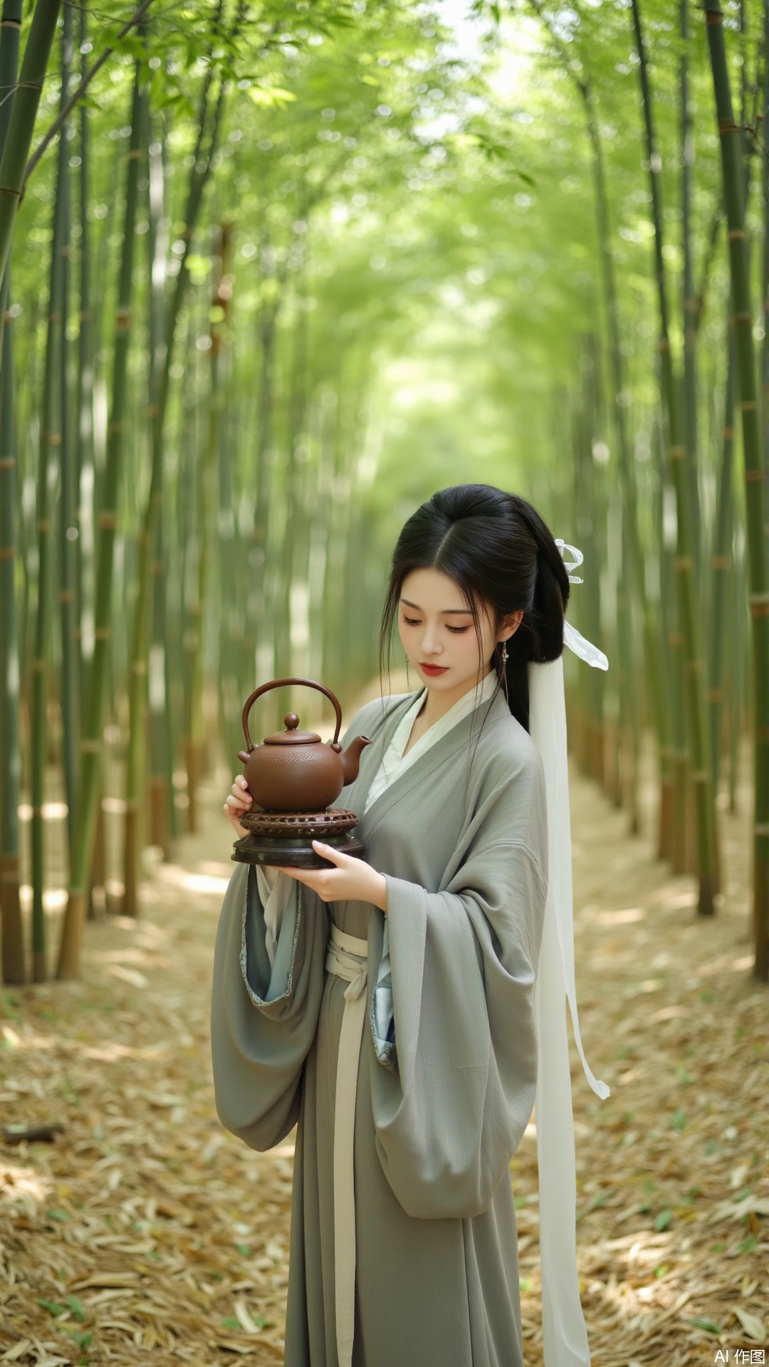 The image shows a young woman standing in a bamboo forest. She is wearing a traditional Chinese outfit, which consists of a long grey robe with a white scarf tied around her neck. The robe is draped over her shoulders and she is holding a small brown teapot in her hands. The woman has her hair tied up in a bun and is looking down at the tea pot. The background is filled with tall bamboo trees and the ground is covered in fallen leaves. The overall mood of the image is peaceful and serene.