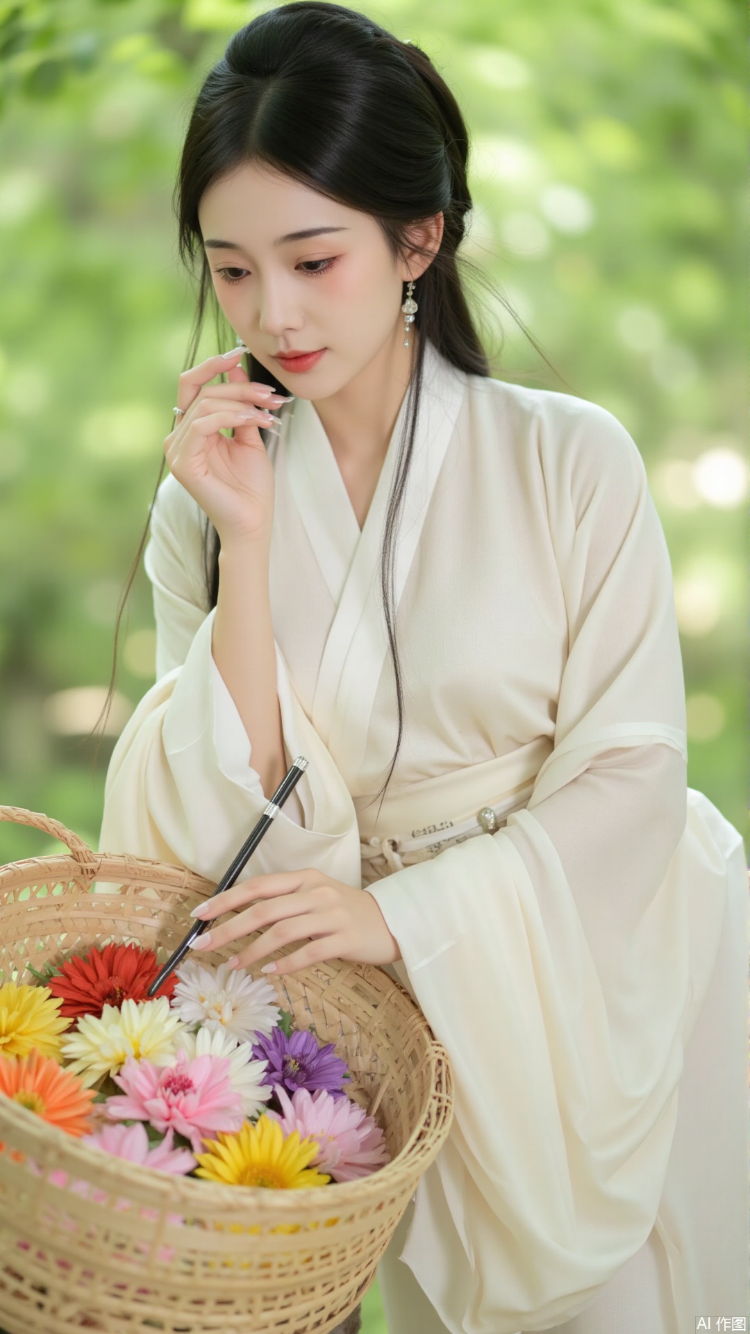 The image is a portrait of a young woman with long black hair, wearing a traditional Chinese dress. She is standing in front of a large basket filled with colorful flowers. The woman is holding a pair of chopsticks in her hands and appears to be deep in thought. The background is blurred, but it seems to be an outdoor setting with trees and greenery. The overall mood of the image is peaceful and serene.