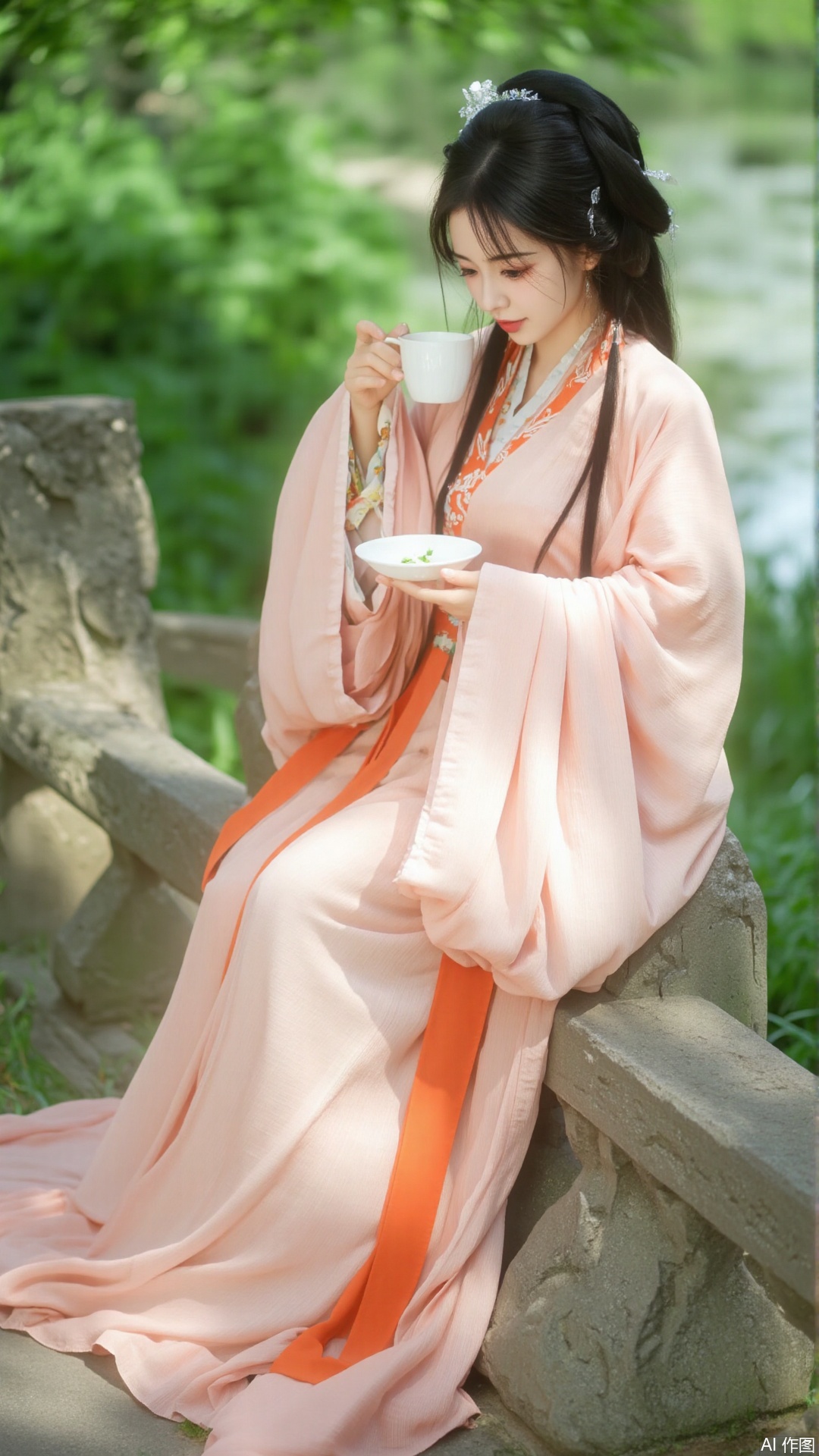 The image shows a young woman sitting on a stone bench in a park. She is wearing a traditional Chinese dress with a pink and orange color scheme. The woman has long black hair tied up in a bun and is holding a white cup in her right hand. She appears to be drinking from the cup with her left hand. The background is filled with trees and greenery, and there is a body of water visible in the distance. The overall mood of the image is peaceful and serene.