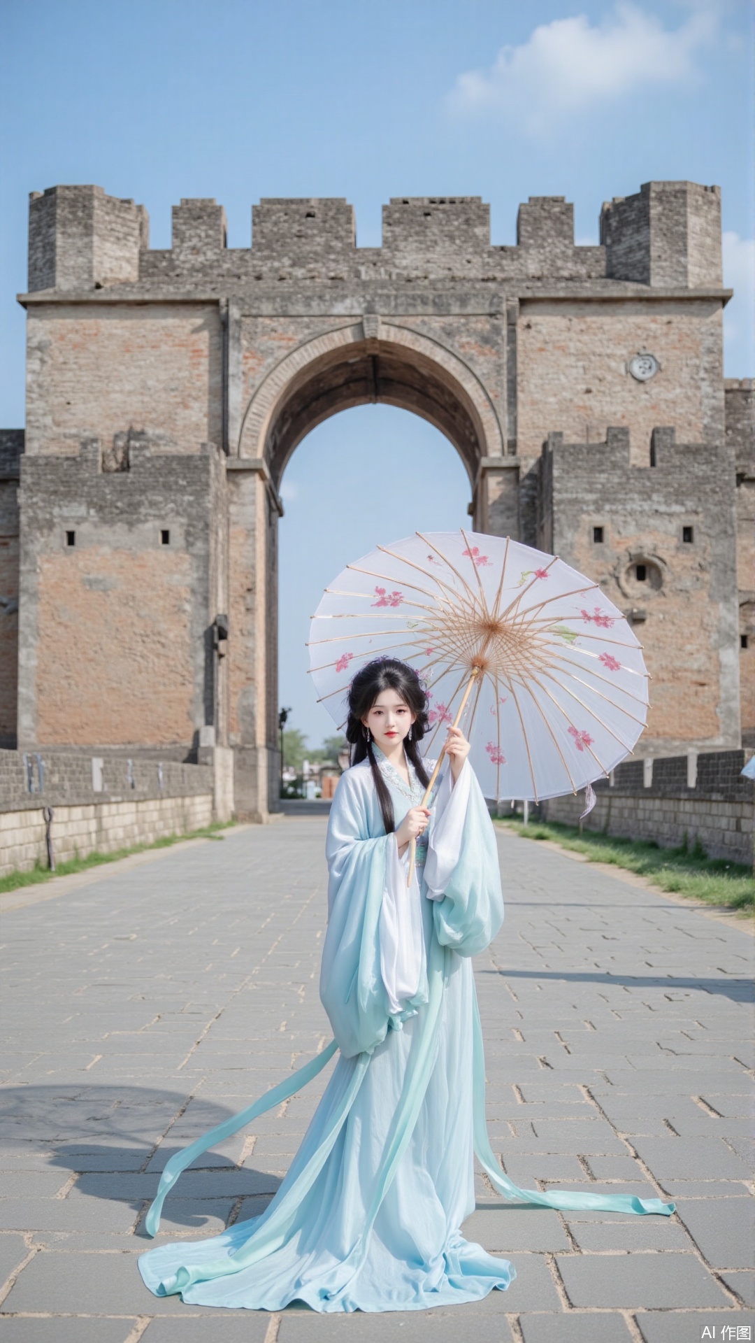 The image shows a young woman standing in front of a large stone wall. She is wearing a long, flowing blue dress with a high neckline and long sleeves. She has long dark hair tied up in a bun and is holding a white umbrella with pink and red flowers on it. The woman appears to be looking off into the distance with a contemplative expression on her face. The wall behind her is made of stone and has a large archway in the center. The sky is blue and there are a few clouds in the background.