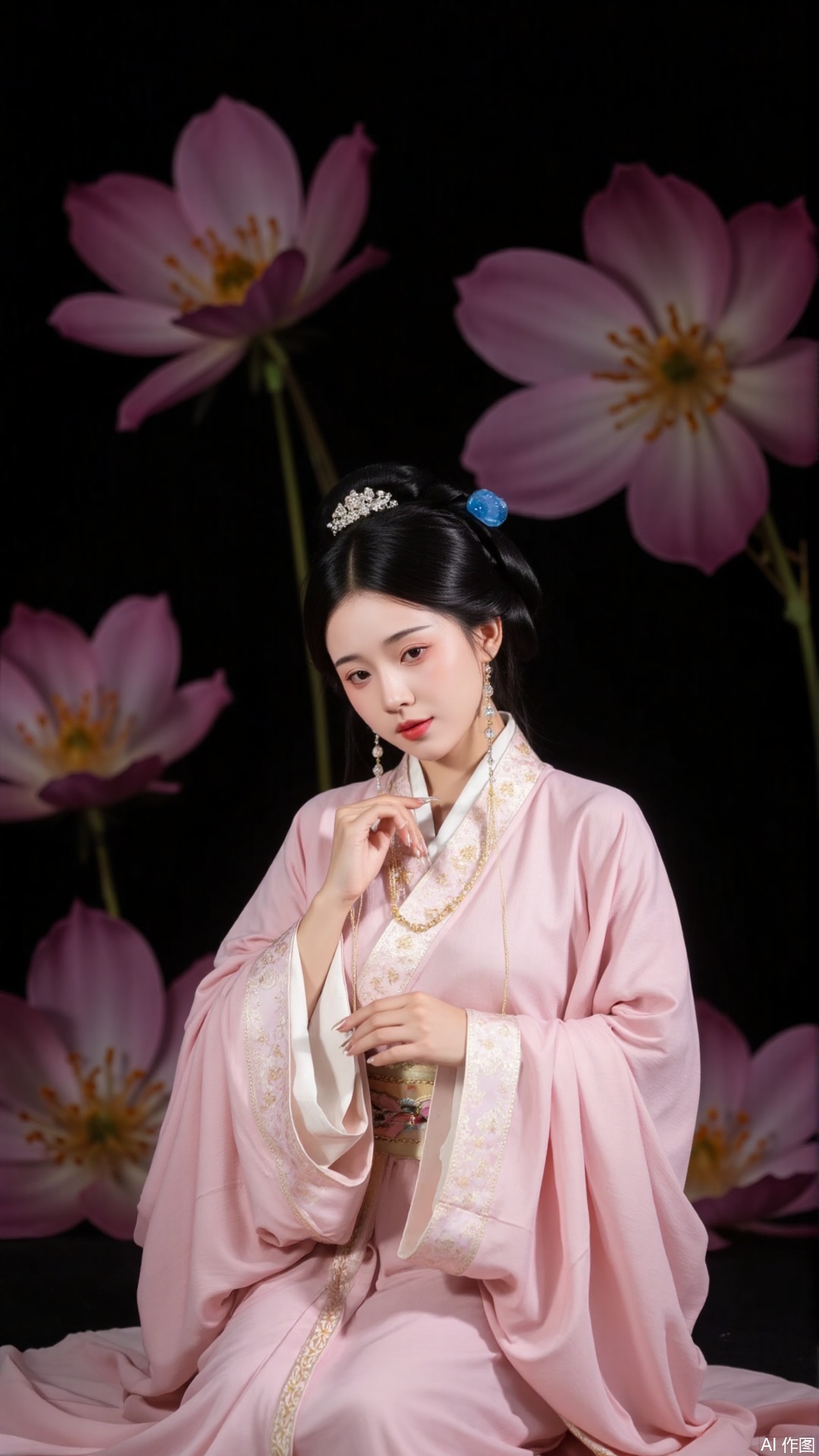 The image is a portrait of a young woman wearing a traditional Chinese Hanfu dress. She is sitting on the ground with her legs crossed and her hands resting on her knees. The dress is a light pink color with gold accents and has a high neckline and long sleeves. The woman has her hair styled in a high bun with a blue flower in her hair. She has a serious expression on her face and is looking off to the side.

The background is black, and there are large pink flowers scattered around her. The flowers are in full bloom, creating a beautiful and romantic atmosphere. The overall mood of the image is elegant and graceful.