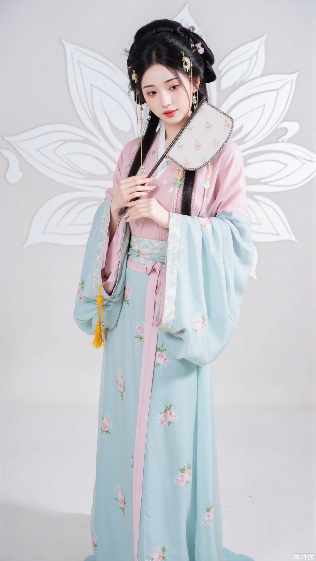 The image is a portrait of a young woman wearing a traditional Chinese Hanfu dress. She is standing in front of a white background with a large white lotus flower design. The woman is wearing a light blue and pink hanfu with intricate floral embroidery on the bodice and skirt. She has long black hair styled in a traditional updo with a flower crown on her head. In her hand, she is holding a white fan with a yellow tassel. The overall style of the dress is elegant and traditional.