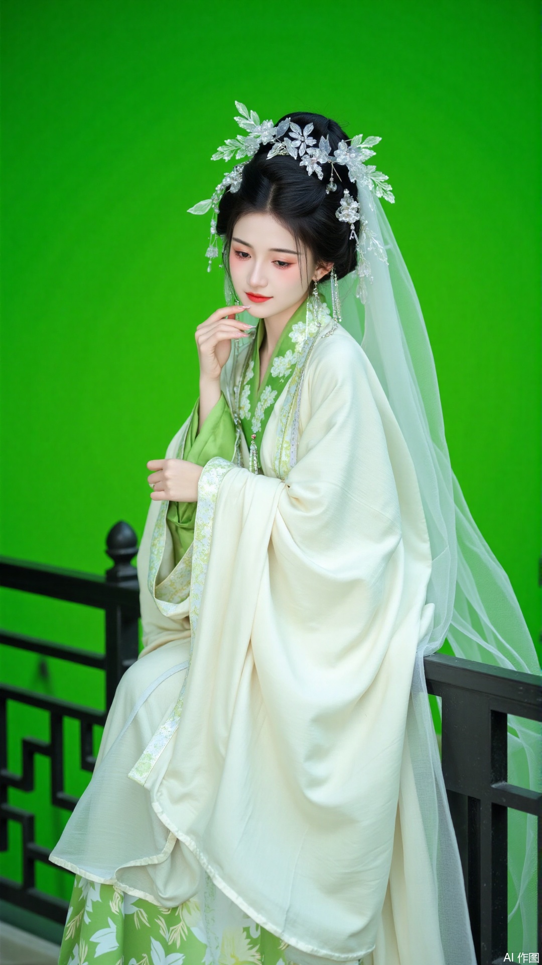 The image is a portrait of a young woman wearing a traditional Chinese wedding dress. She is sitting on a black railing with a green background. The woman is wearing a white dress with a long, flowing skirt and a green shawl draped over her shoulders. The dress has a high neckline and long sleeves, and the skirt is decorated with intricate floral patterns in shades of green and white. She has a large, ornate headpiece with a white veil that cascades over her head. The headpiece is made up of multiple strands of white flowers and leaves, and it is tied in a bun at the top of her head with a black ribbon. Her hair is styled in an updo with a few strands of hair framing her face. She appears to be deep in thought, with a serious expression on her face and a slight smile on her lips.