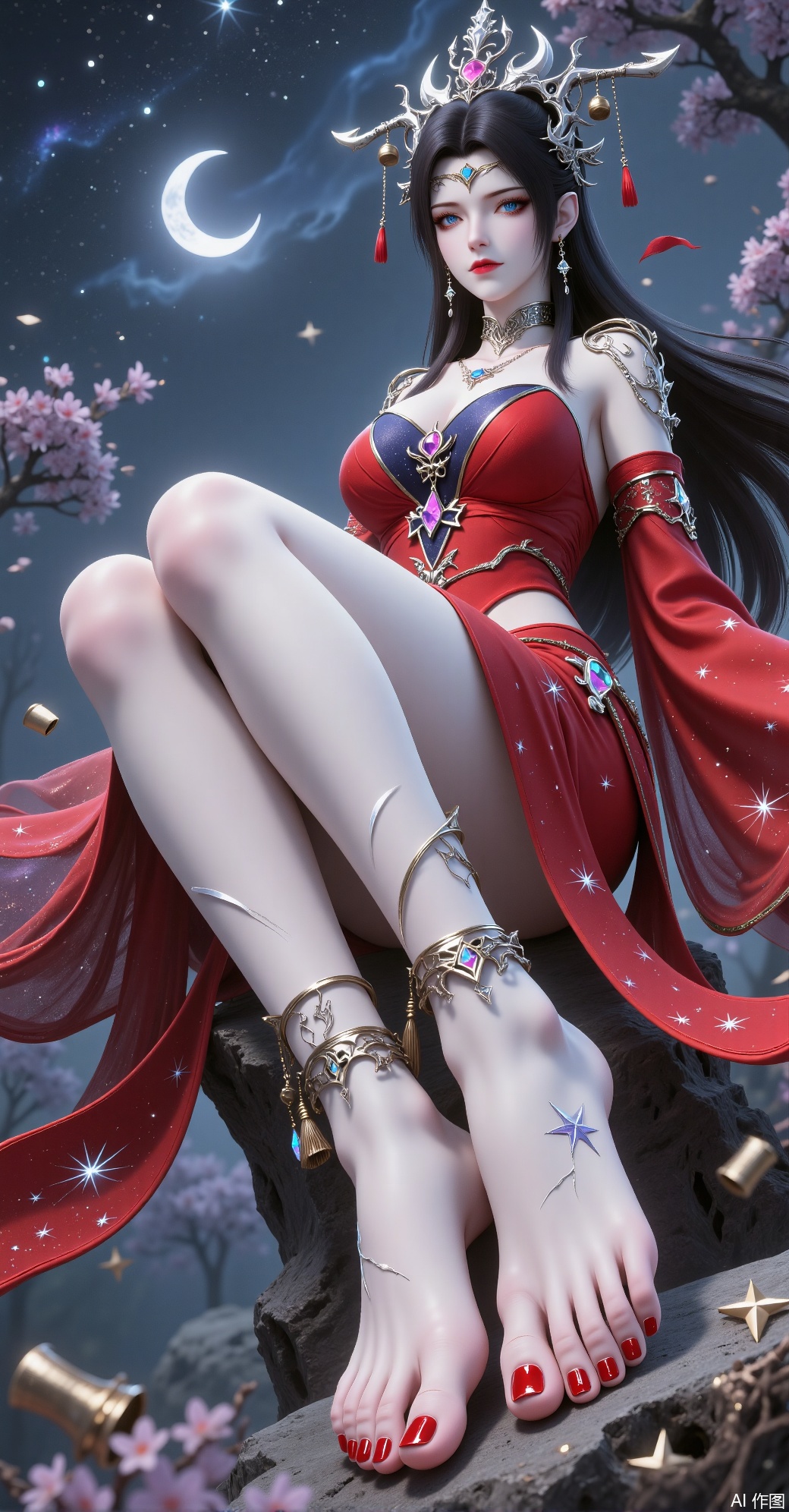 A brunette woman sat on a stone wearing delicate headdress and ancient red costume covered with stars, silver anklets on anklets, moon, stars, bells, bells and tassels, red nail polish on toes, part of the arterry sky, part of the background, wonderful and ancient cowboy partying, one foot attraction sticks toward her footsteps, and the feet are one-piece. She raised her legs and feet, presented the soles to the camera, posing in a supermodel-like pose and posture.
