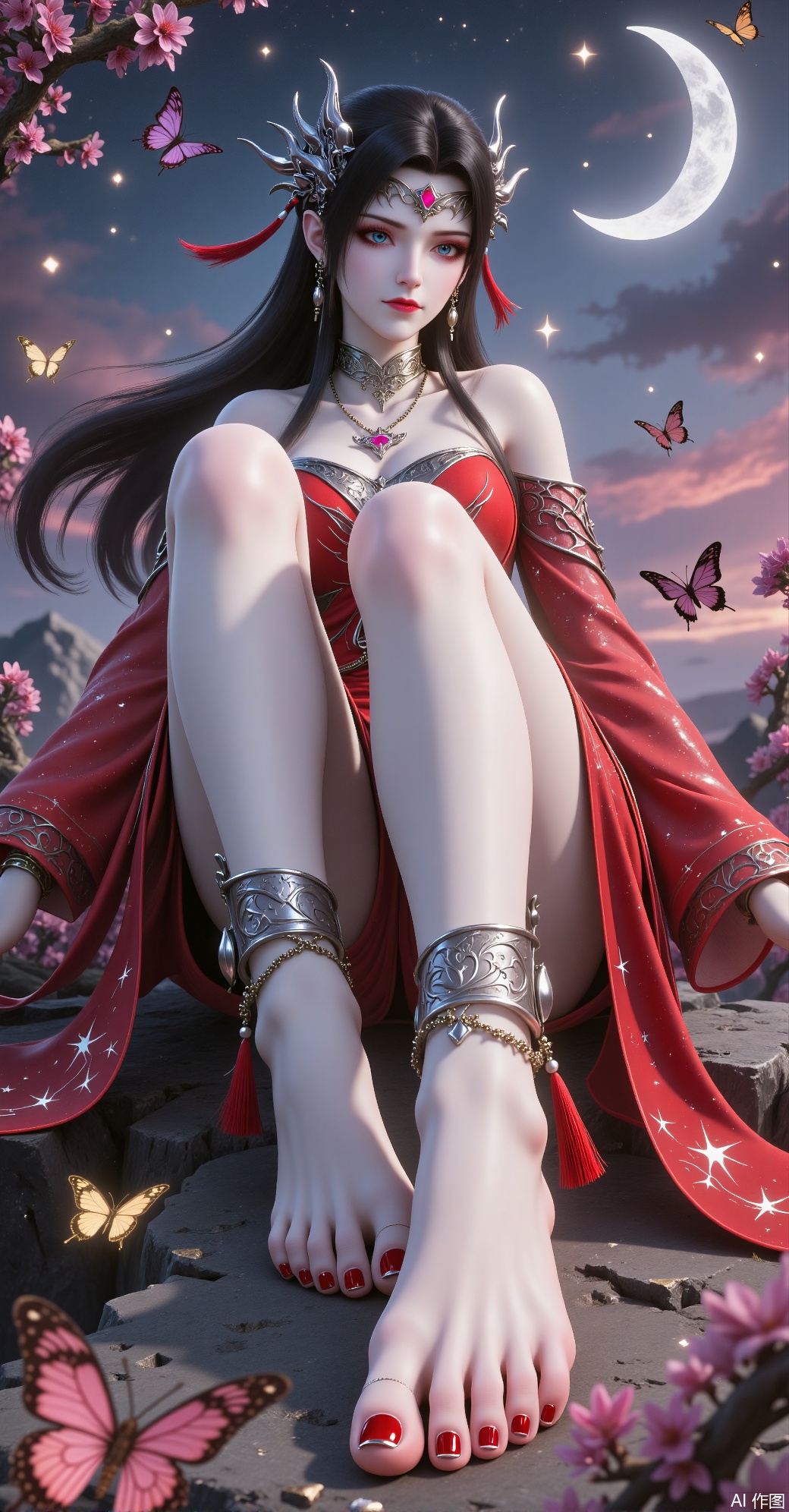 A brunette woman sat on a stone wearing delicate headdress and ancient red costume covered with stars, silver anklets on anklets, moon, stars, bells, bells and tassels, red nail polish on toes, part of the arterry sky, part of the background, wonderful and ancient cowboy partying, one foot attraction sticks toward her footsteps, and the feet are one-piece. She raised her legs and feet, presented the soles to the camera, posing in a supermodel-like pose and posture.
