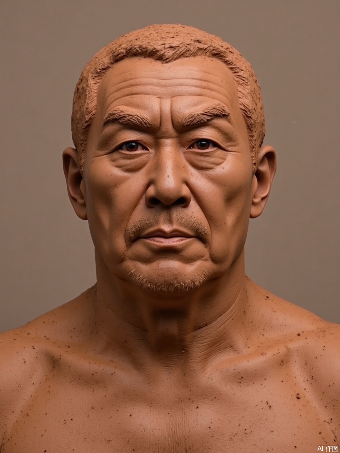 A middle-aged man's upper body is made of brown and red clay sculptures. The man's eyebrows are as bright as torches, thick eyebrows and big eyes, and masculinity. The whole is made of mud.