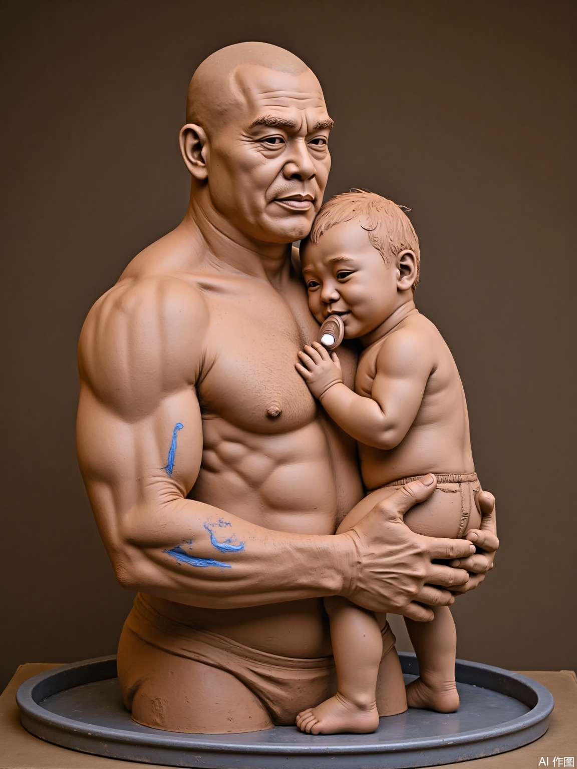 Clay sculpture:
The strong middle-aged man has a shirtless upper body, and his muscle lines appear in his slightly fat body. His buzz cut and his loving eyes make him stand and gently embraces the baby. The baby leaned on his chest, sucking the pacifier on his chest, with a peaceful and satisfied expression. The blue veins on my father's arm are lightly convex due to the force, and the skin texture is delicately portrayed wrinkles and pores, showing the texture of time. The characters stand on the metal tray, and the warm light softens the outline from the side, and the interlaced light and shadow outline the gentle arc and sense of power of the father. The overall atmosphere conveys the warmth of family affection and the heavy protection of protection.