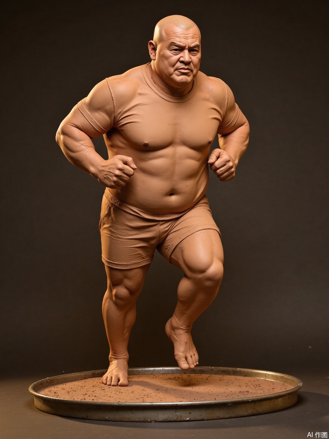 clay sculpture,
A middle-aged slightly fat man, in a running preparatory posture, with a buzz cut, wearing a simple T-shirt, with his arms bent and charged with force, and his neck and arms raised veins. The skin texture is realistically portrayed wrinkles and pore texture. The characters stand on the metal tray, and warm light sprinkles from the front side, outlining the body's outline and muscle tension. The overall atmosphere is full of power and tenacity.