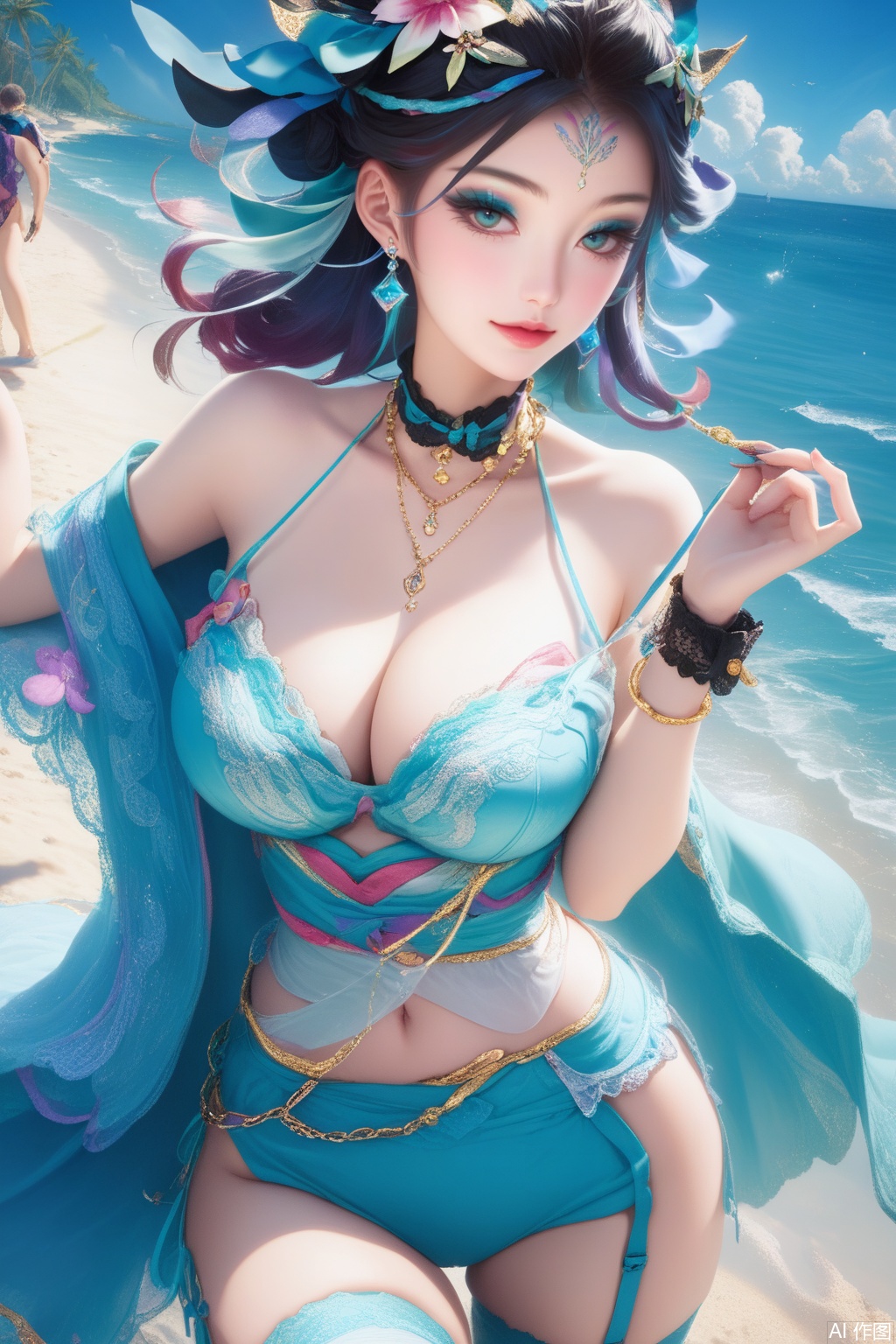 score_9,score_8_up,score_7_up,,1girl, large breasts, (hair ornament1.4),hair ribbon, jewelry, collarbone, wrist cuffs,kanzashi,(halterneck1.3),earrings,jabot,chain necklace,wrist cuffs,neck garter,leg belt,thighhighs,hair flower,high quality, eyeshadow,upper body,looking at viewer,on the beach,on the beach,
