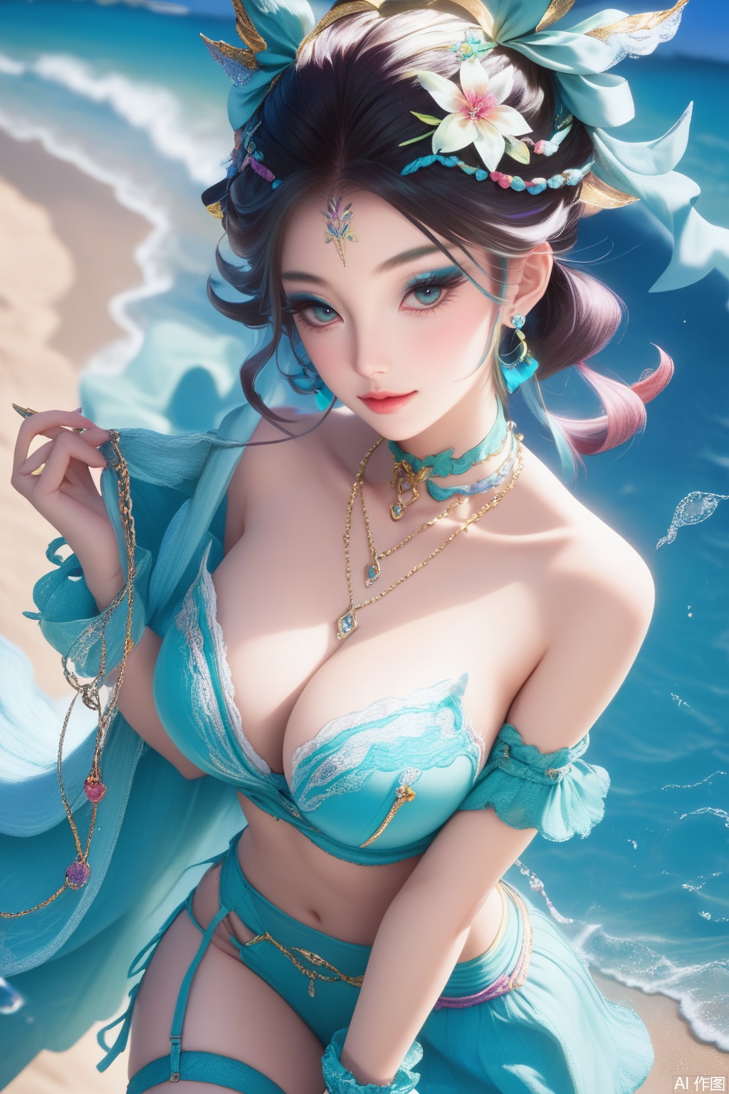 score_9,score_8_up,score_7_up,,1girl, large breasts, (hair ornament1.4),hair ribbon, jewelry, collarbone, wrist cuffs,kanzashi,(halterneck1.3),earrings,jabot,chain necklace,wrist cuffs,neck garter,leg belt,thighhighs,hair flower,high quality, eyeshadow,upper body,looking at viewer,on the beach,on the beach,

