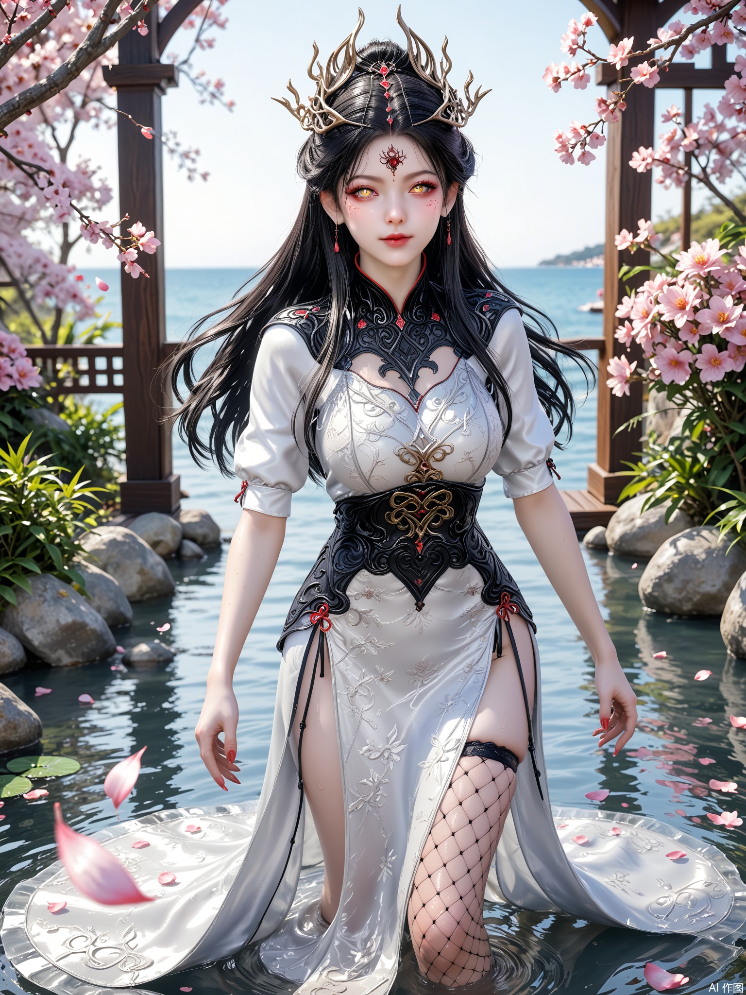 score_9,score_8_up,score_7_up,1girl,looking_at_viewer,realistic,1girl,Vivid Colors,bright environment,delicate water,hair_ornament,shiny skin,shiny hair,reflection,dress,jewelry,flower sea,falling petals,extreme detail description,(full body:0.3),put one hand on your side,long_hair,(skindentation:1.3),Fishnet stockings,bright,sunshine on face,chinese_clothes,black hair,light,sweating,(wariza:1.5),bright_pupils,yellow_eyes
