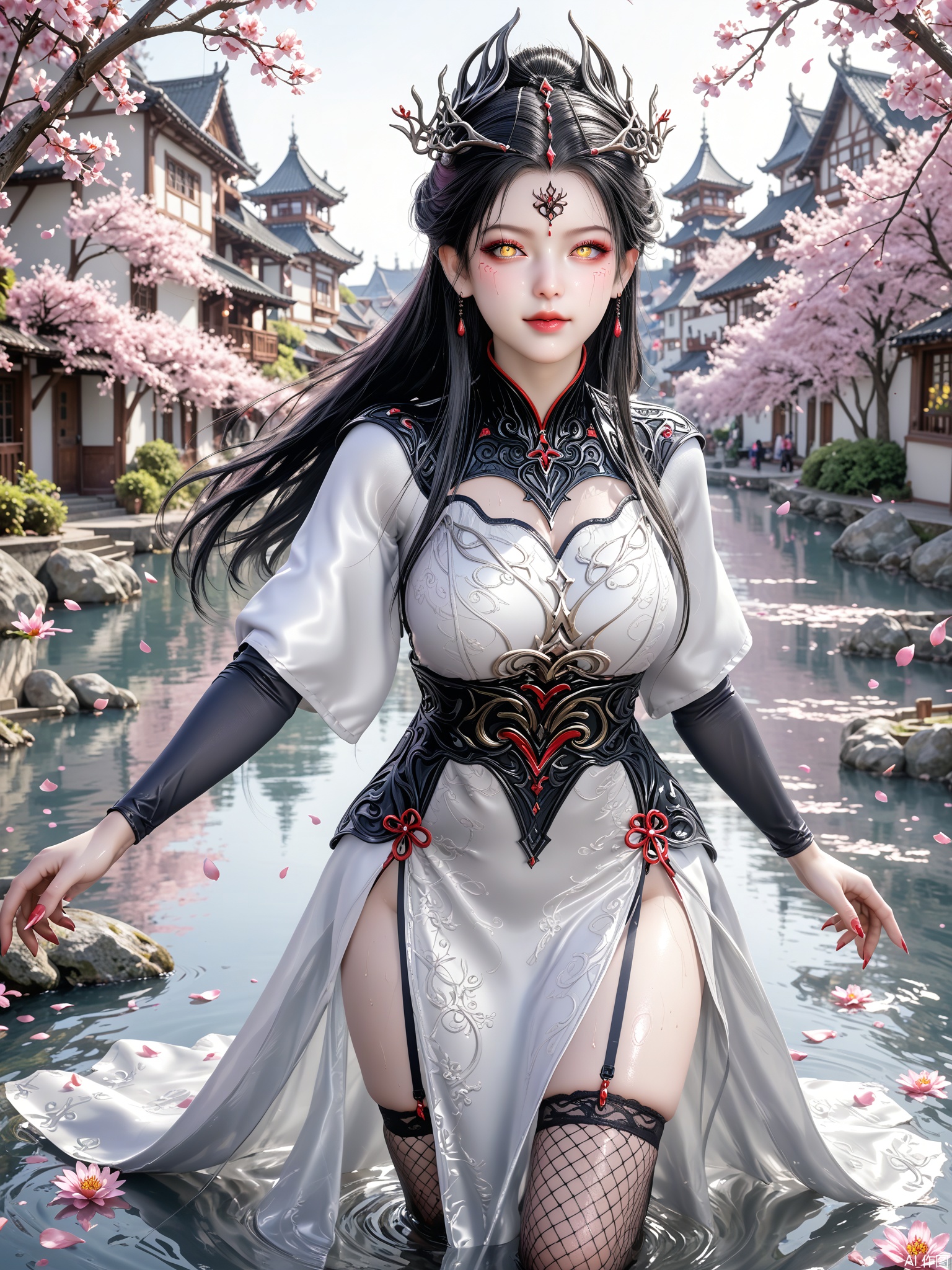 score_9,score_8_up,score_7_up,1girl,looking_at_viewer,realistic,1girl,Vivid Colors,bright environment,delicate water,hair_ornament,shiny skin,shiny hair,reflection,dress,jewelry,flower sea,falling petals,extreme detail description,(full body:0.3),put one hand on your side,long_hair,(skindentation:1.3),Fishnet stockings,bright,sunshine on face,chinese_clothes,black hair,light,sweating,(wariza:1.5),bright_pupils,yellow_eyes