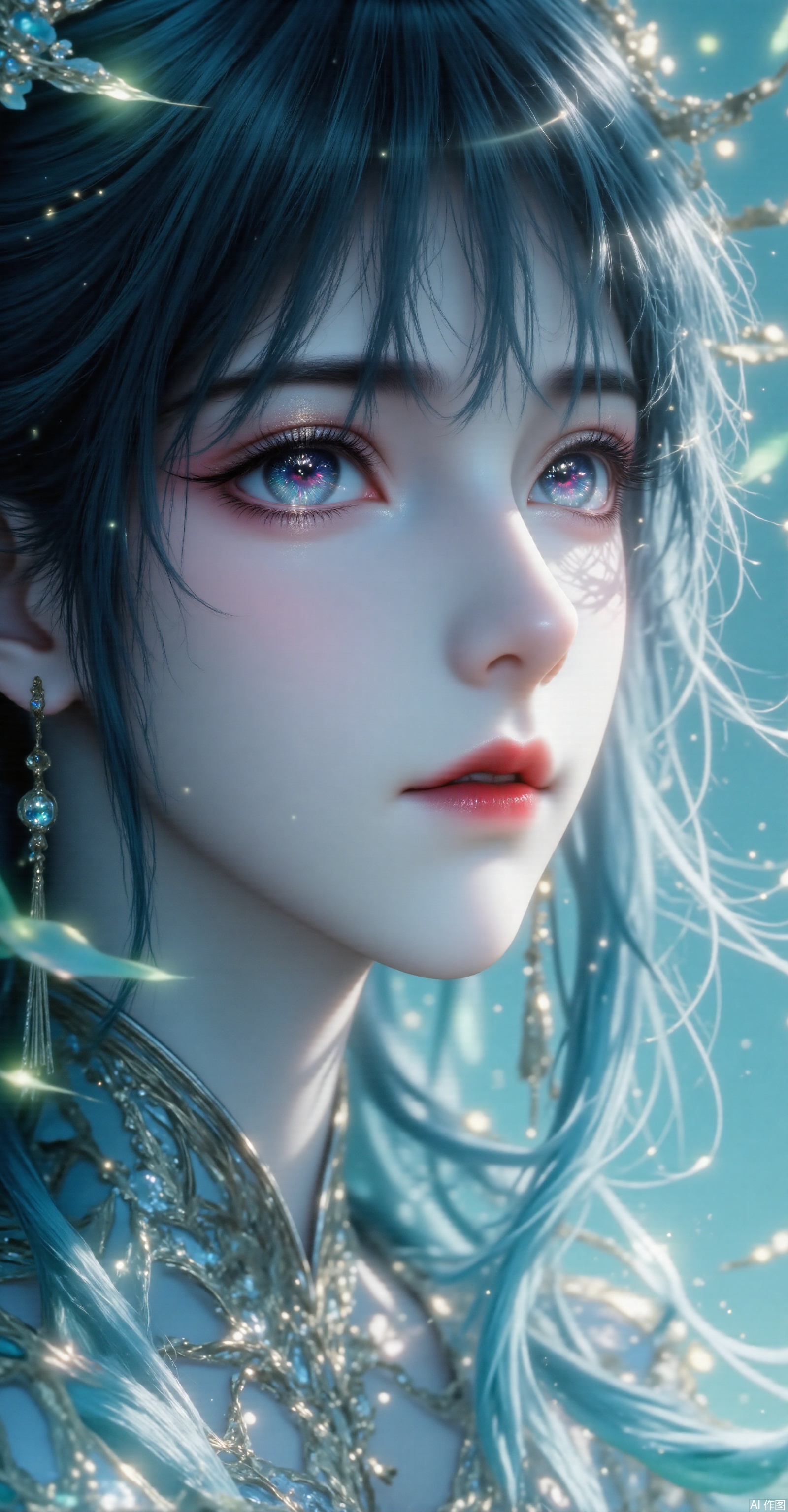 
The background is a soft, out-of-focus blend of blue and green hues, with a few sparkly lights scattered throughout, giving a dreamy, magical ambiance. The overall composition and lighting create a sense of depth and serenity, with the subject slightly tilted to the left, drawing the viewer's eye to her captivating gaze. The artwork captures a moment of quiet introspection, exuding a sense of timeless beauty and tranquility.