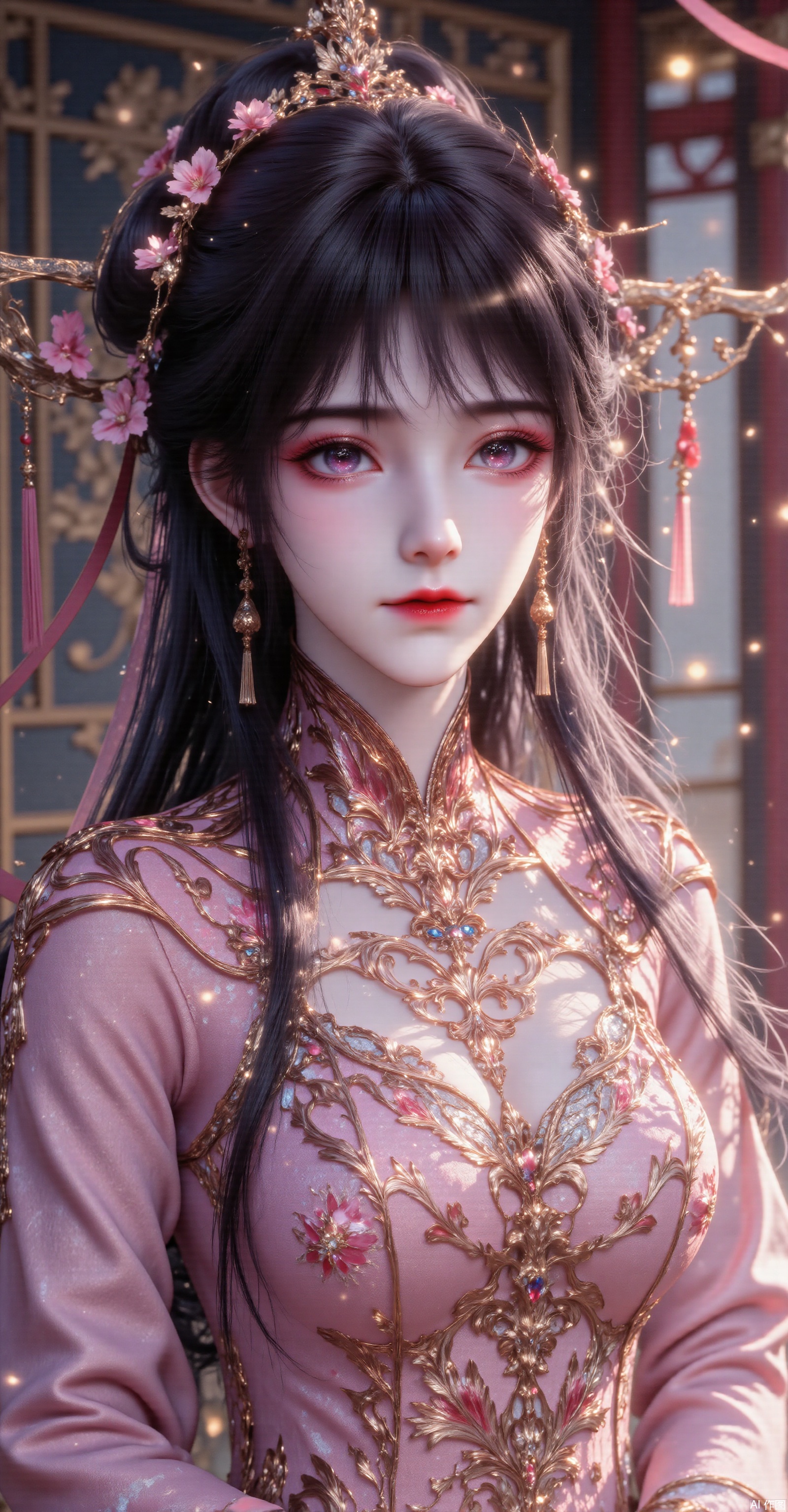 She is dressed in an ornate, traditional Chinese garment, likely a qipao or cheongsam, which is a high-collared, high-waisted dress. The fabric is a luxurious pink color with intricate gold embroidery and ornamental details, giving it a regal and elegant appearance. The neckline and high collar are adorned with delicate lace and gold trim, emphasizing her graceful posture.
