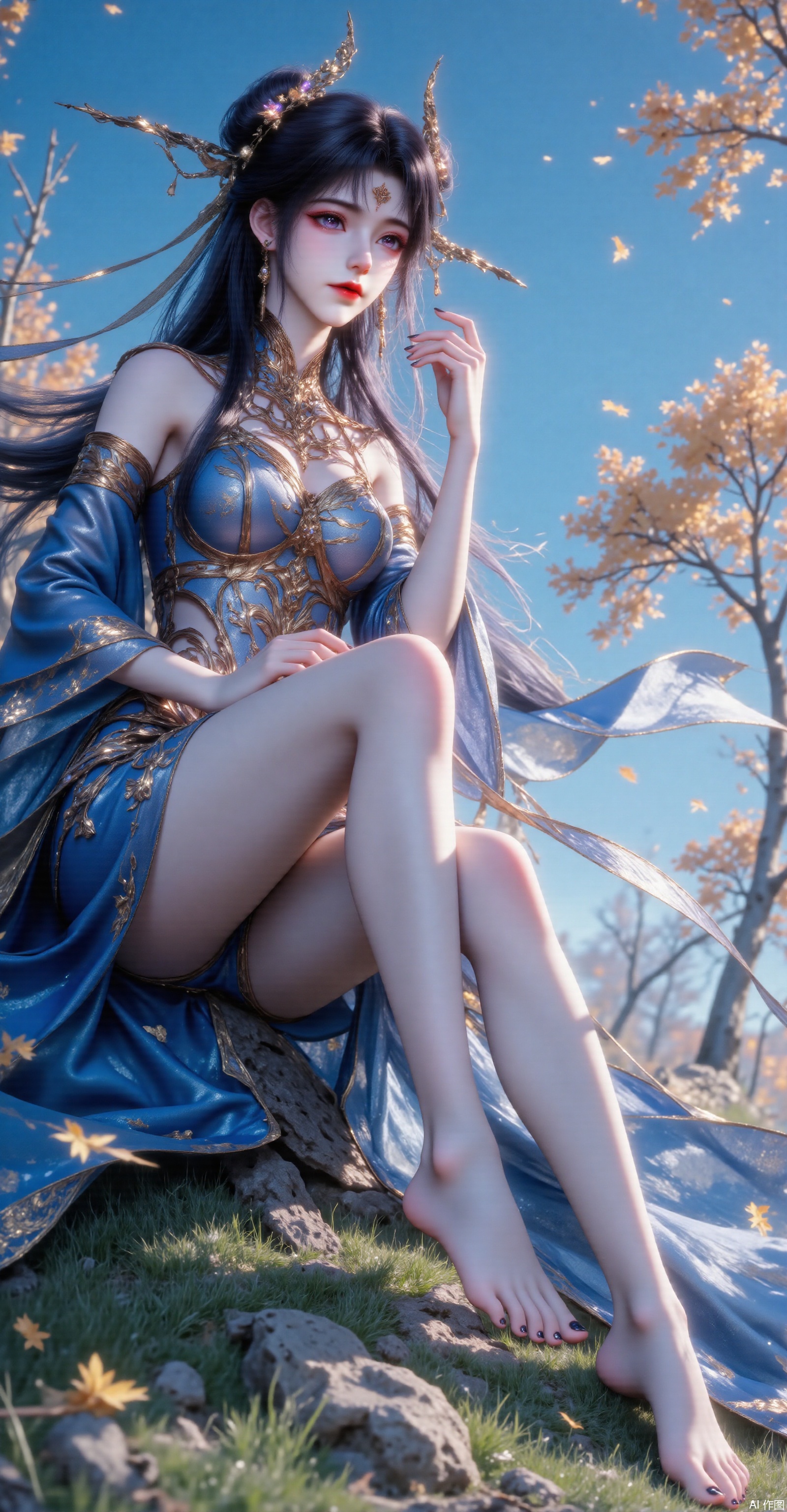A pale yet beautiful Asian woman, whose long black hair was carefully tied into two towering buns and fixed with a golden hairpin, exuding a beauty that intertwined classical and modern. She wore a gorgeous set of blue and gold armor, decorated with complex and delicate designs, and each line seemed to tell an ancient story. Paired with a flowing blue long skirt on the lower body adds a bit of softness. She sat barefoot on a grassy field with her legs exposed, showing her natural side. Her feet stretched gracefully toward the camera, with black nail polish applied to her toes, adding a mysterious touch to the overall look. The blue sky is the background, and several trees whose leaves have begun to turn yellow are dotted, creating a warm and slightly sad atmosphere. The entire picture is full of poetic and dreamy colors, perfectly combining the beauty of man and nature.
