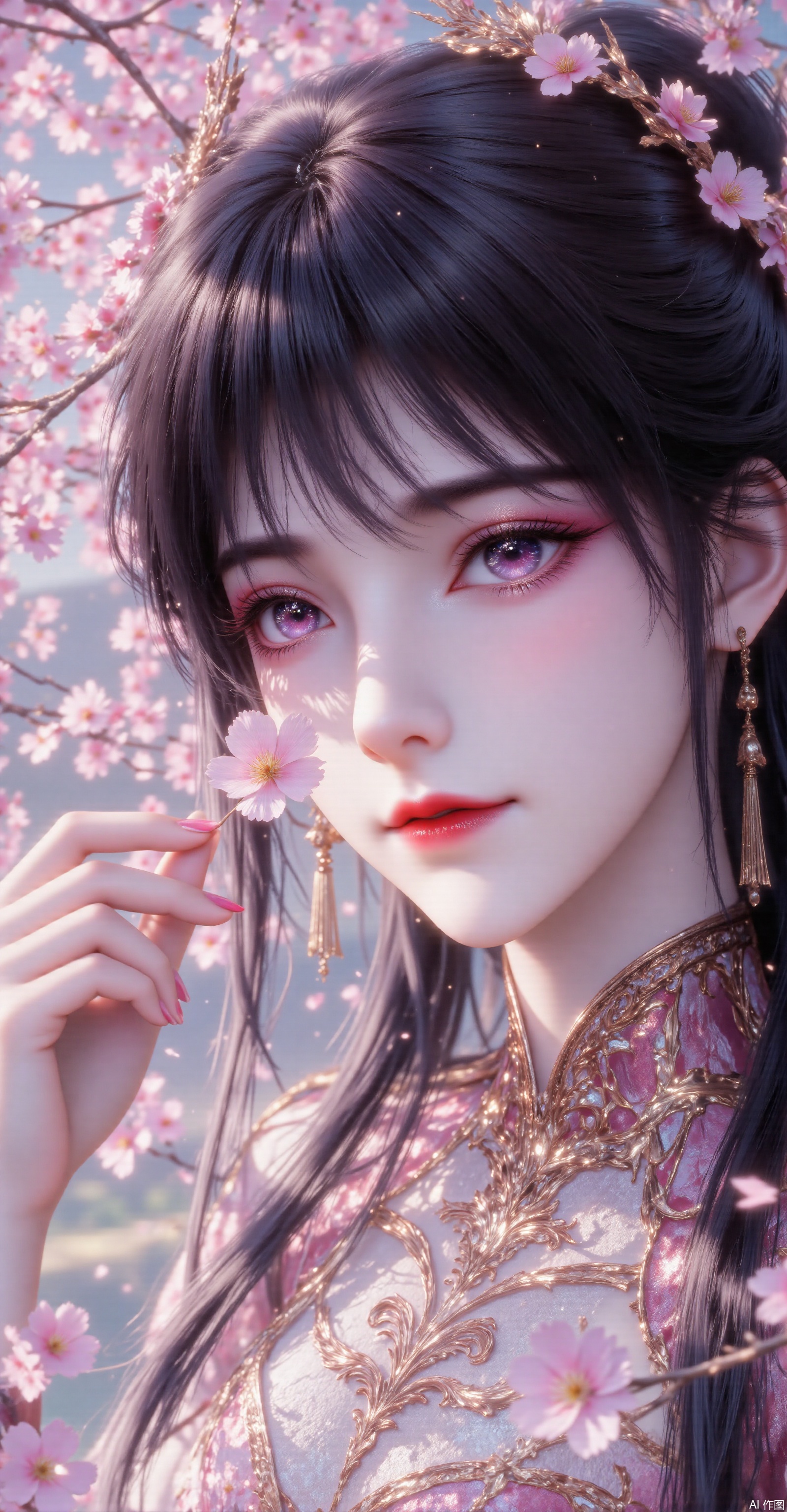 This is a hyper-realistic digital illustration of a young woman holding a pink cherry blossom petal with her right hand. The artwork is in a vibrant, romantic style, with a focus on the woman's delicate features and the delicate petal she holds. The woman has a light skin tone and long, straight black hair tied in a loose ponytail. Her face is turned slightly to the right, and she has a serene expression with a subtle smile. She is wearing a traditional Chinese dress with a high collar and intricate embroidery, indicating a historical or cultural setting.