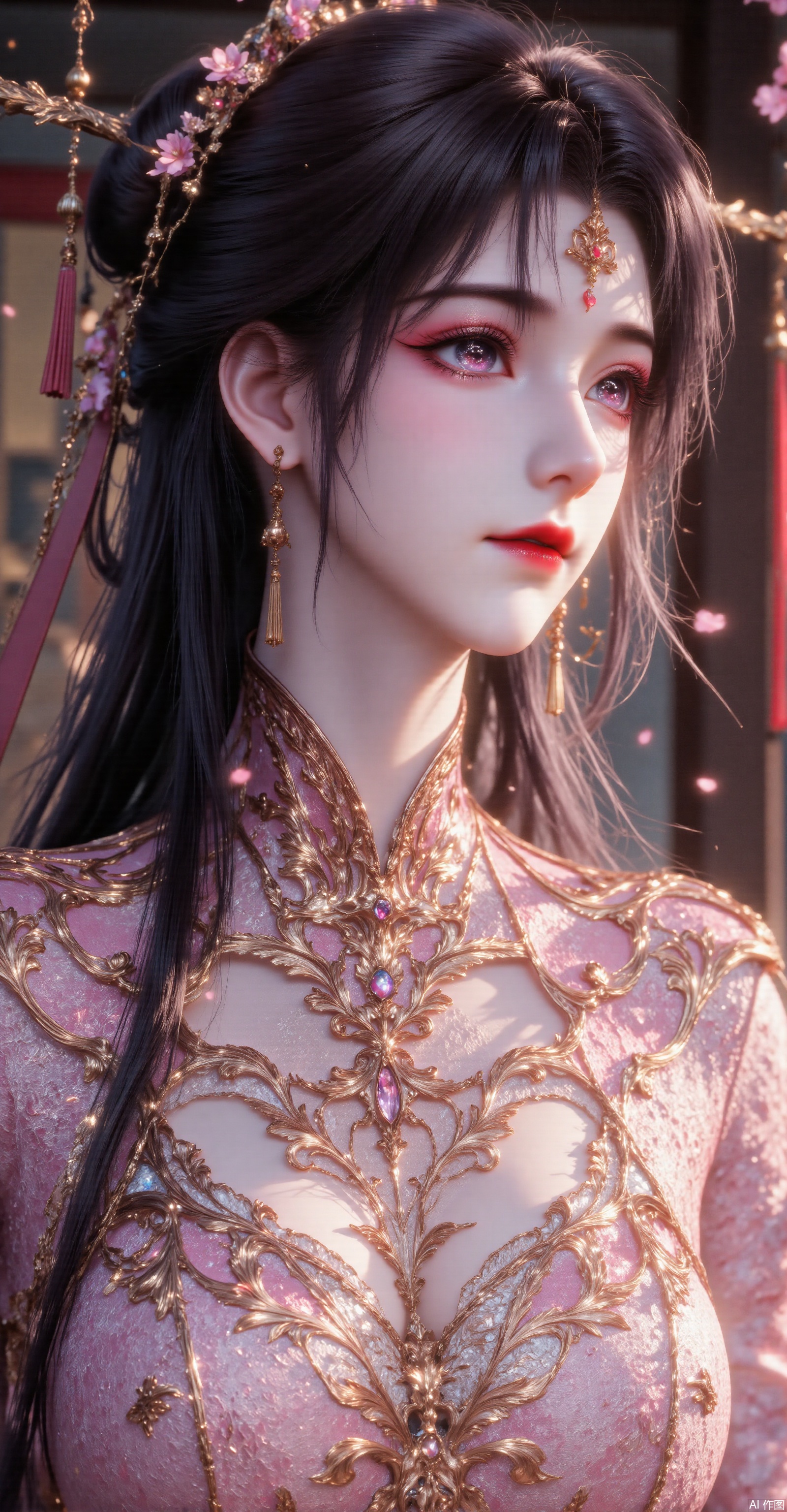 She is dressed in an ornate, traditional Chinese garment, likely a qipao or cheongsam, which is a high-collared, high-waisted dress. The fabric is a luxurious pink color with intricate gold embroidery and ornamental details, giving it a regal and elegant appearance. The neckline and high collar are adorned with delicate lace and gold trim, emphasizing her graceful posture.
