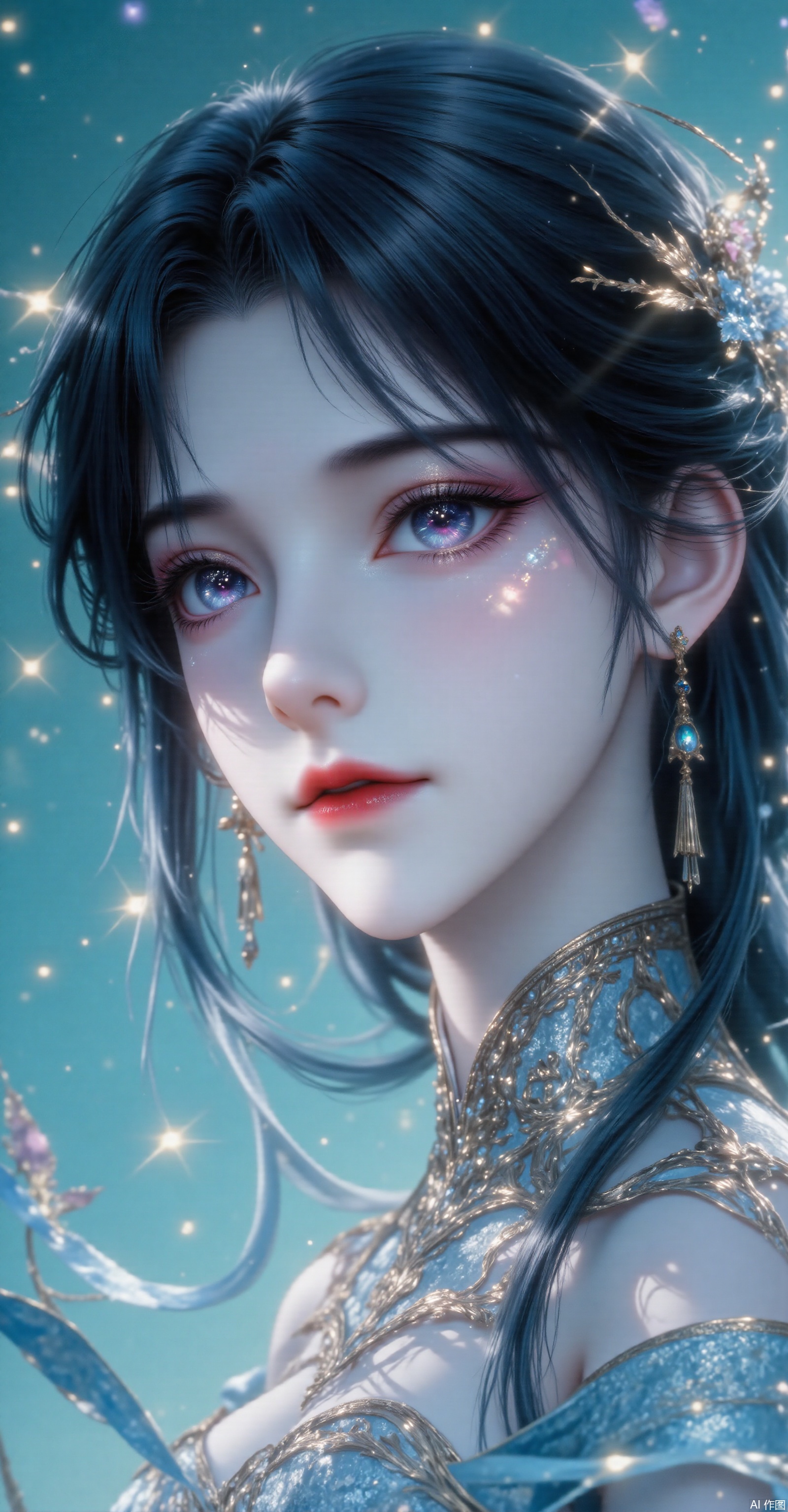 
The background is a soft, out-of-focus blend of blue and green hues, with a few sparkly lights scattered throughout, giving a dreamy, magical ambiance. The overall composition and lighting create a sense of depth and serenity, with the subject slightly tilted to the left, drawing the viewer's eye to her captivating gaze. The artwork captures a moment of quiet introspection, exuding a sense of timeless beauty and tranquility.
