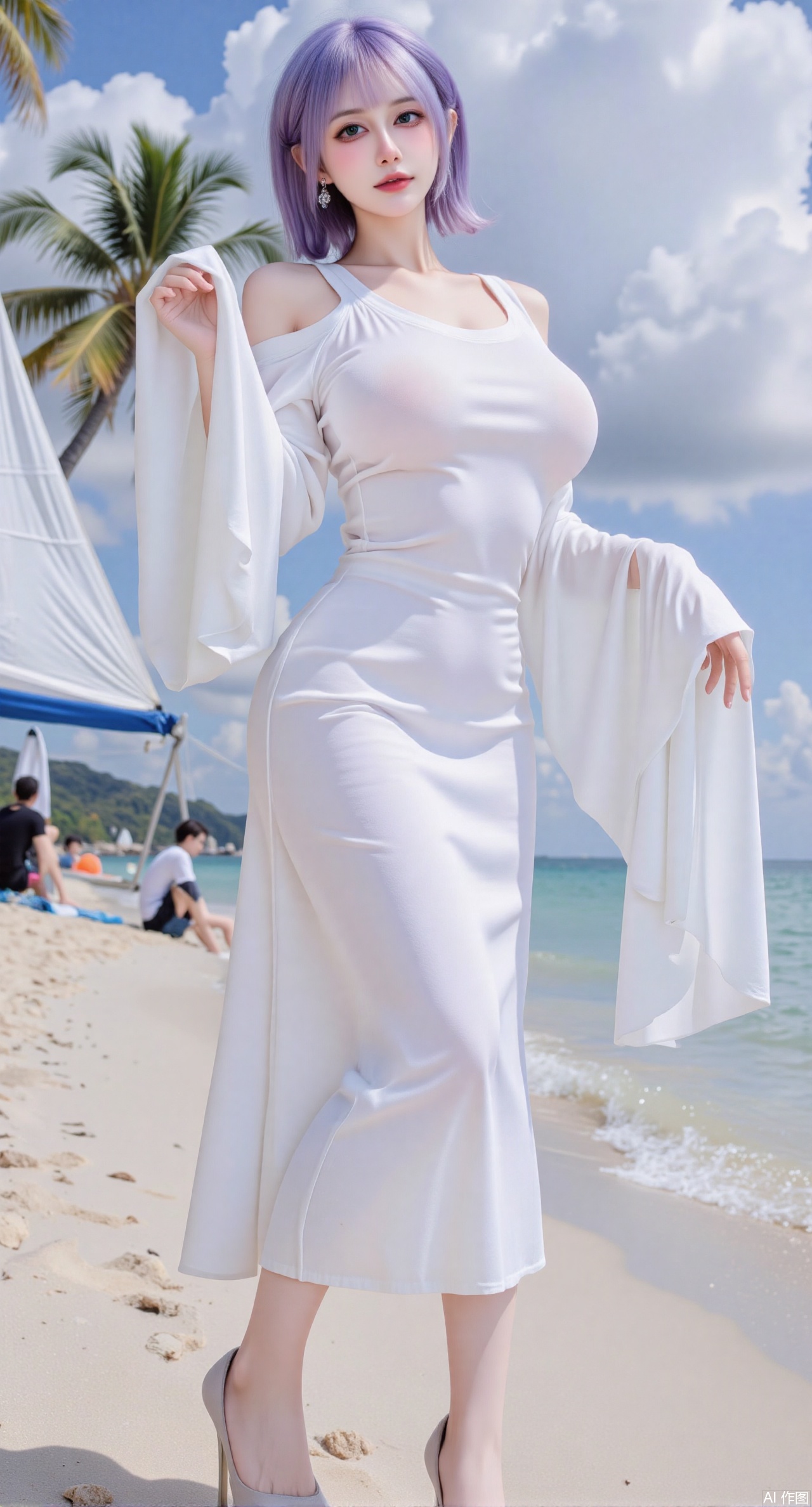 (masterpiece:1.2),best quality,absurdres,masterpiece,original,extremely detailed wallpaper,perfect lighting,1girl,solo,looking at viewer,(cowboy_shot:1.3),short hair,high heels,blurry background,depth of field,motion blur,crystal_earrings,headpiece,in summer,day,outdoors,nature,(standing,Seaside, beach, sailboat, coconut trees:1.59),(huge breasts:2.99),(full breasts:2.99),Xyuenanaodai,XzhihuaX,Xleidianjiangjun,Xxianingshuang,XyoulingniangCOS