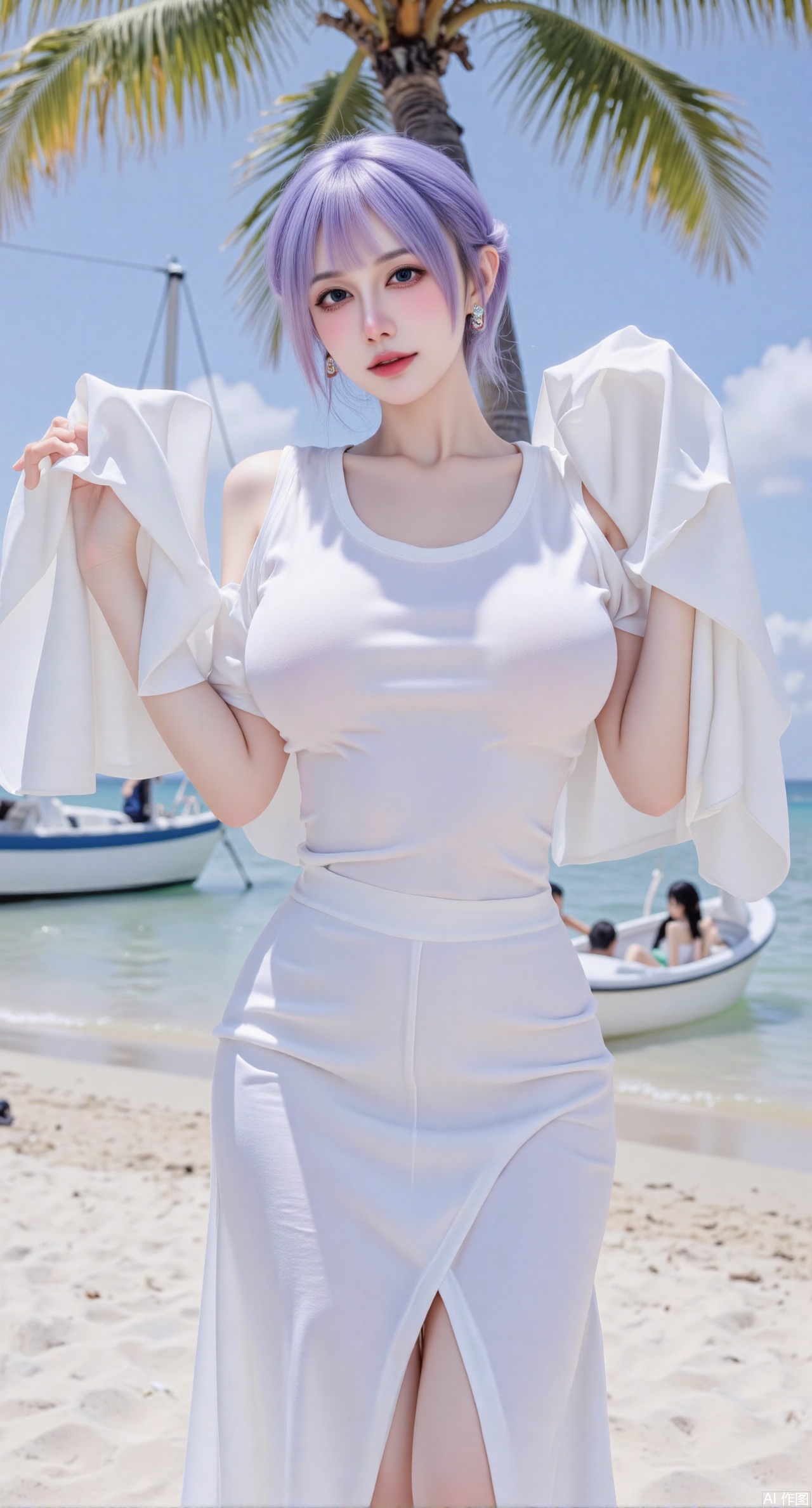 (masterpiece:1.2),best quality,absurdres,masterpiece,original,extremely detailed wallpaper,perfect lighting,1girl,solo,looking at viewer,(cowboy_shot:1.3),short hair,high heels,blurry background,depth of field,motion blur,crystal_earrings,headpiece,in summer,day,outdoors,nature,(standing,Seaside, beach, sailboat, coconut trees:1.59),(huge breasts:2.99),(full breasts:2.99),Xyuenanaodai,XzhihuaX,Xleidianjiangjun,Xxianingshuang,XyoulingniangCOS