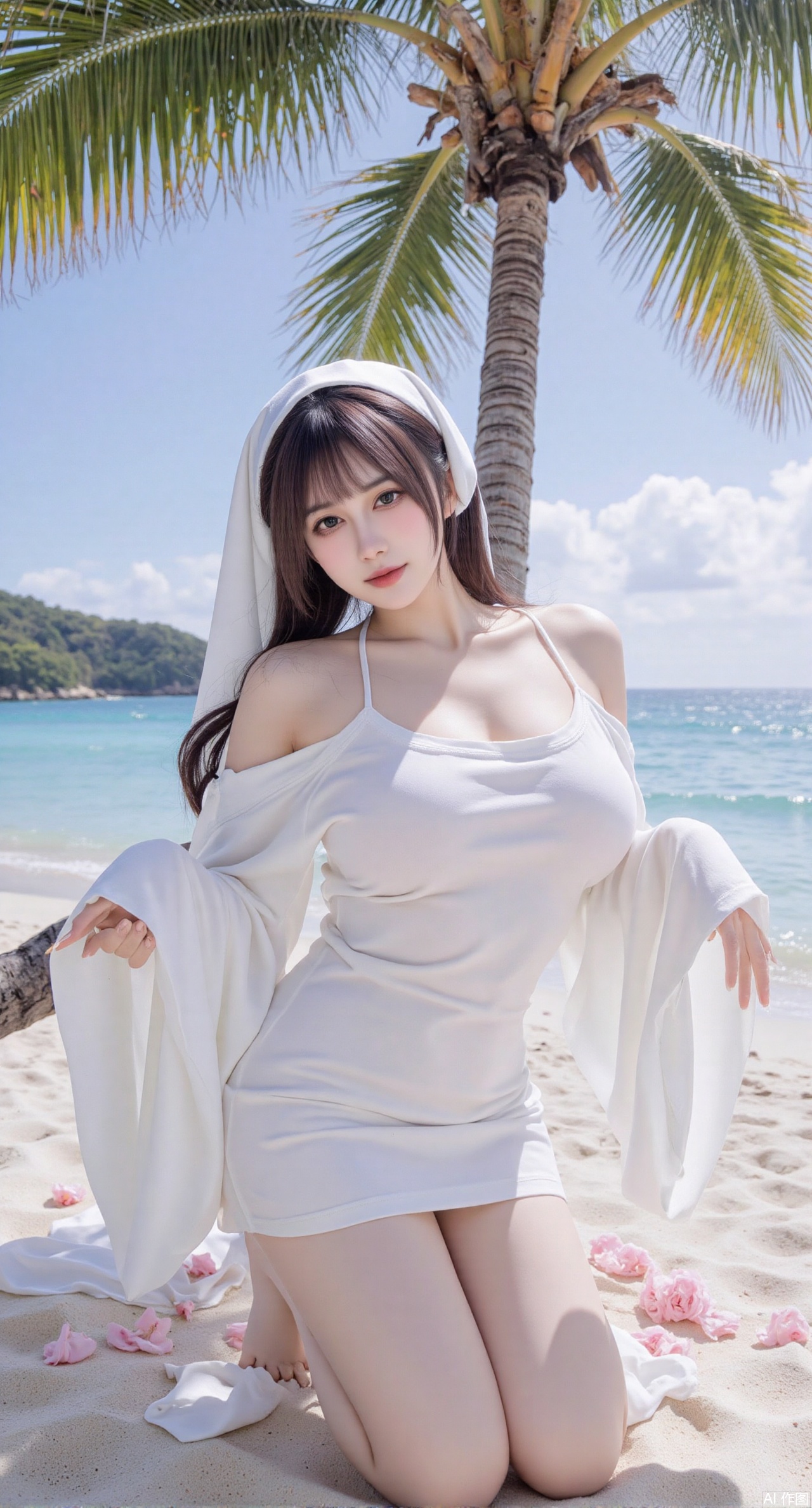 (masterpiece:1.2),best quality,absurdres,masterpiece,original,extremely detailed wallpaper,perfect lighting,Golden sandy beach covered with vibrant flowers, turquoise waves gently lapping the shore, , bright flower clusters spreading from sand to palm tree roots, soft natural light filtering through coconut leaves, ocean breeze lifting hair , ultra-wide angle lens capturing coastline panorama, cinematic color grading with soft focus on the central figure,(huge breasts:2.99),(full breasts:2.99),(rose flowers:1.59),XzhihuaX,Xleidianjiangjun,Xyuenanaodai,XmeiningSMW,XhaiyuejiCosplay,Xyoulingniang,XbachongshenziCOS,XjiaodaiqunDHL
