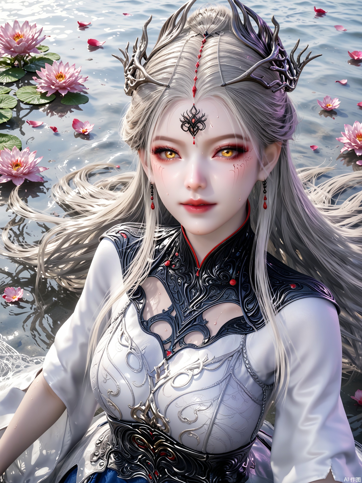 score_9,score_8_up,score_7_up,1girl,looking_at_viewer,realistic,1girl,Vivid Colors,bright environment,delicate water,hair_ornament,shiny skin,shiny hair,reflection,dress,jewelry,flower sea,falling petals,extreme detail description,(upper body:0.3),put one hand on your side,long_hair,(skindentation:1.3),Fishnet stockings,bright,sunshine on face,chinese_clothes,light,sweating,(wariza:1.5),yellow_eyes,white_hair